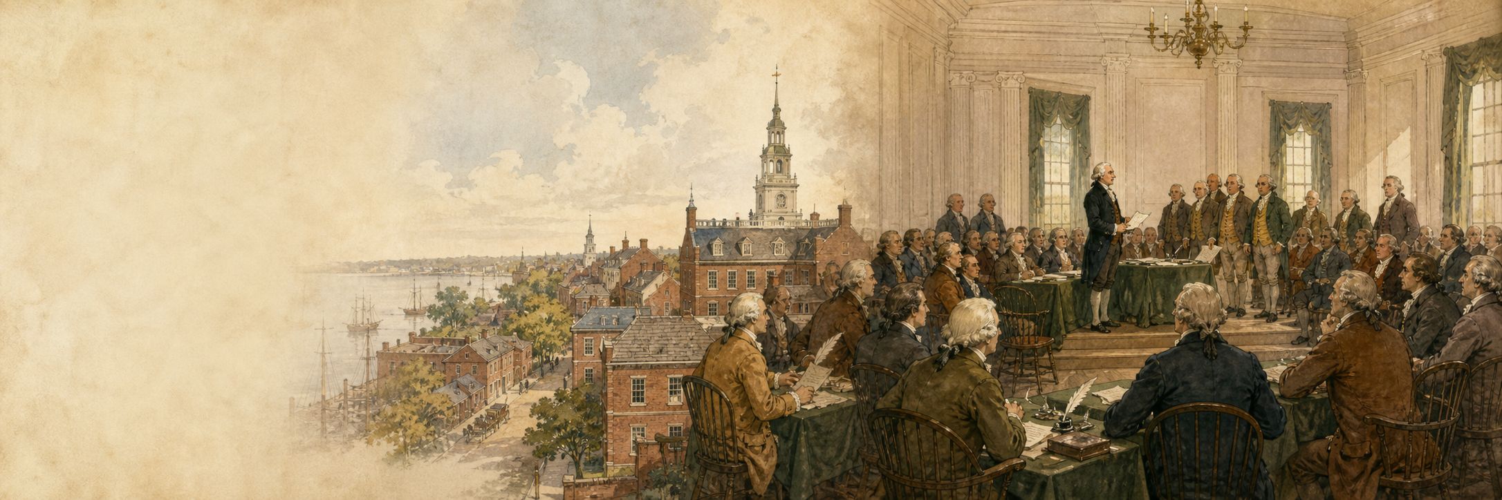 A historical reconstruction of Philadelphiathe key actors and forces shaping American Declaration of Independence at Philadelphia, showing the setting of American Declaration of Independence