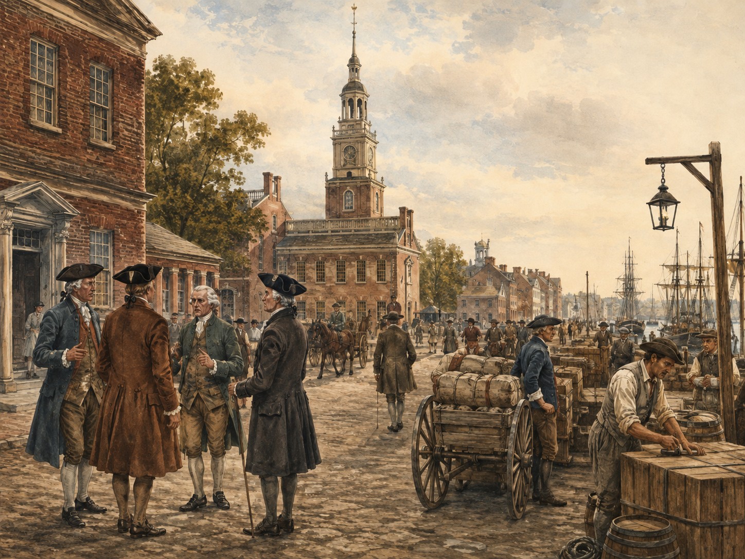 Historical reconstruction of American Declaration of Independence's background: In and around Philadelphia, the setting took shape as Representatives of the thirteen colonies declared independence from the British Crown and presented natural rights and consent as political principles.