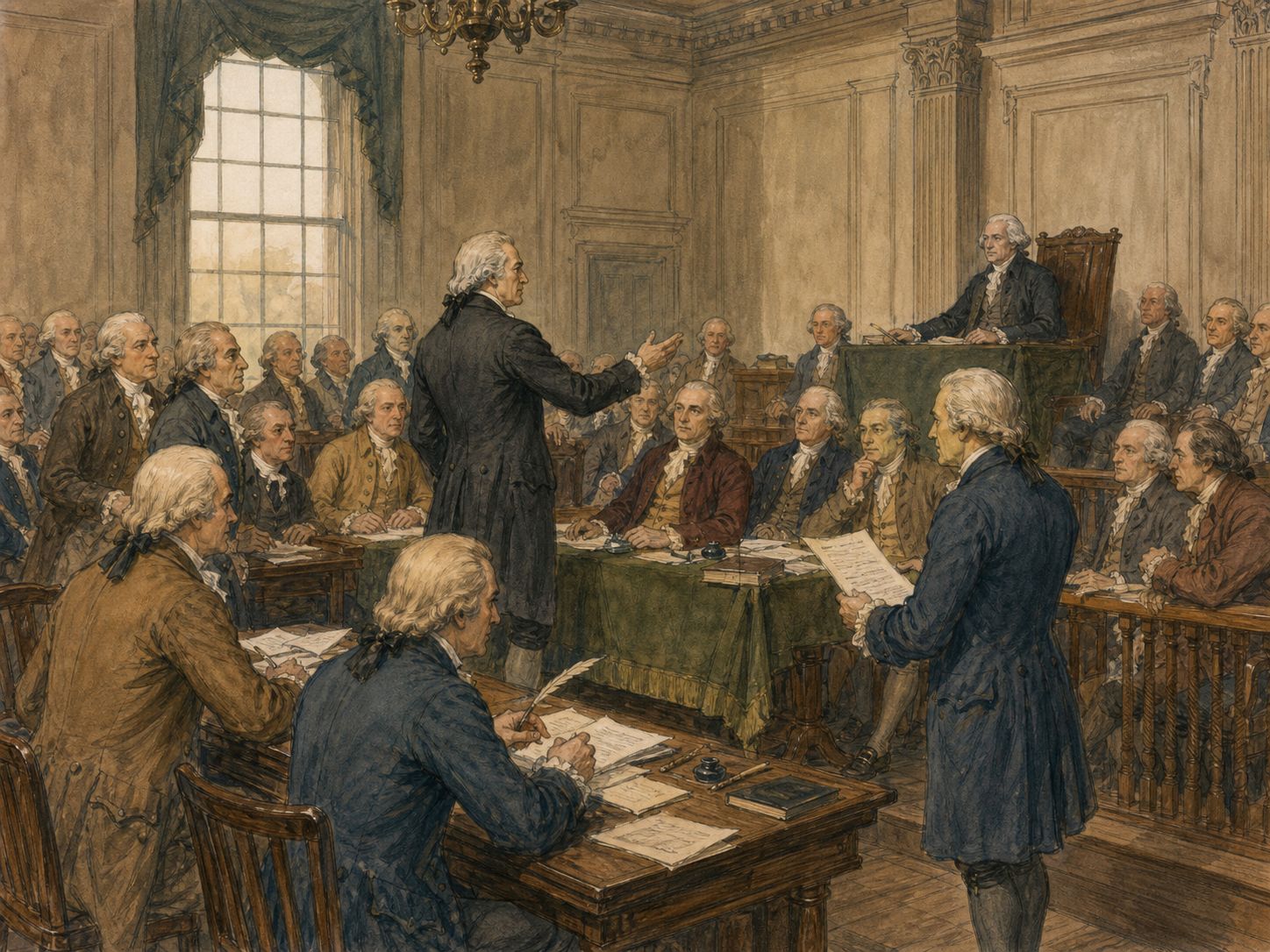 Historical reconstruction of American Declaration of Independence's central action: Representatives of the thirteen colonies declared independence from the British Crown and presented natural rights and consent as political principles.