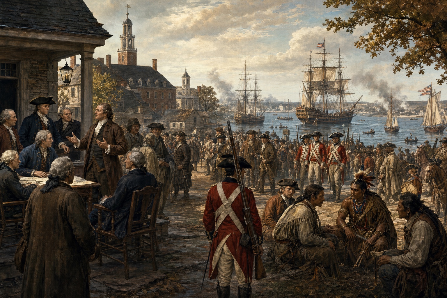 Illustrated reconstruction of British and Continental formations across a rural battlefield