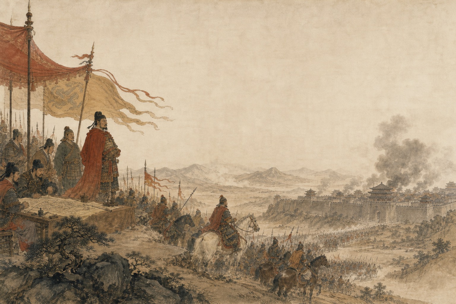 Illustrated reconstruction of Tang-era refugees and soldiers leaving a smoky Chang'an gate