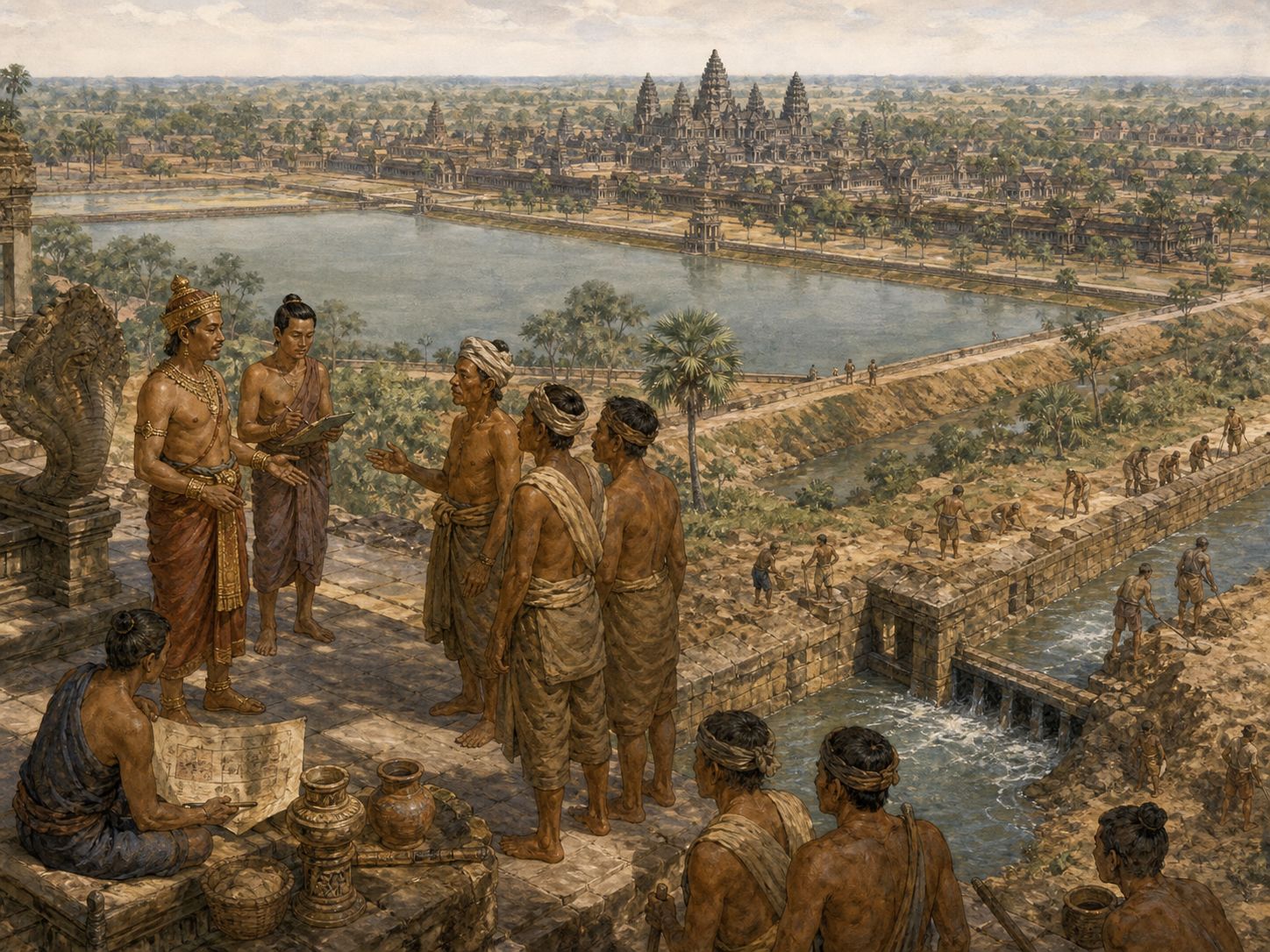 Historical reconstruction of Expansion of the Angkorian Empire's central action: Khmer kings built reservoirs, canals, and temple cities while integrating a broad region around the Mekong basin.