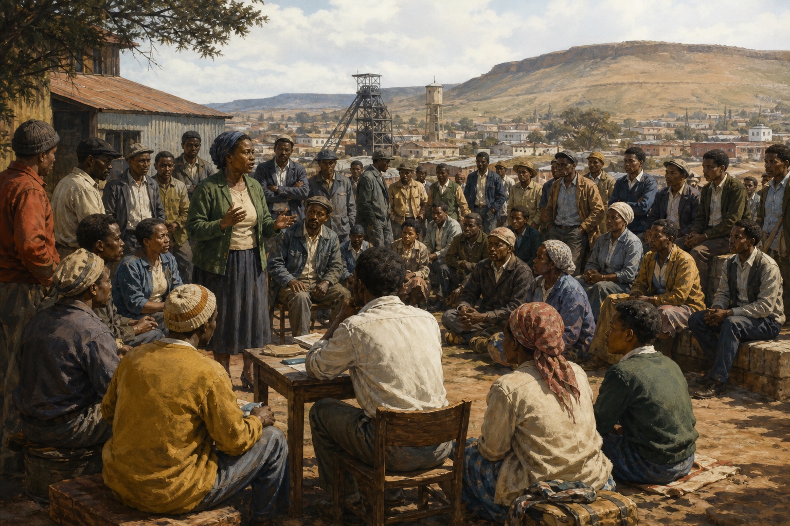 Illustrated reconstruction of a township crowd marching with blank placards past distant police