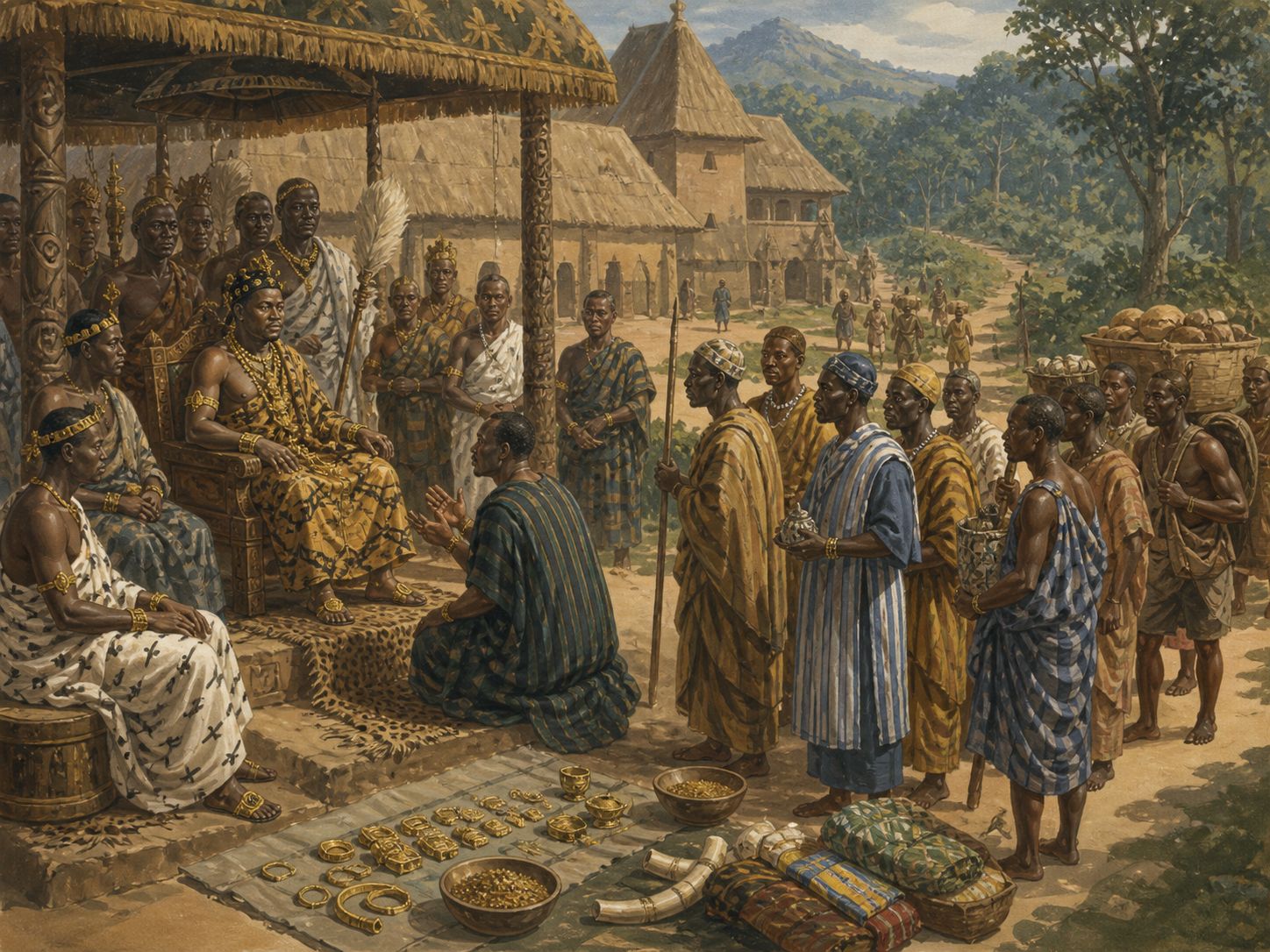 Historical reconstruction of Rise of the Ashanti Empire's central action: Osei Tutu and Okomfo Anokye united several groups and built the Ashanti kingdom centered on Kumasi.