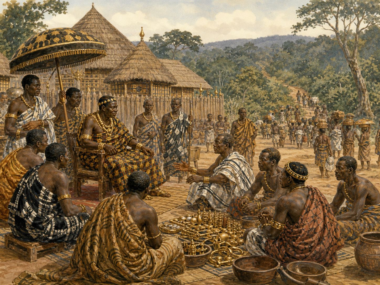 Historical reconstruction of Rise of the Ashanti Empire's immediate aftermath: It demonstrates the development of a West African state based on gold commerce, military power, and sacred kingship.