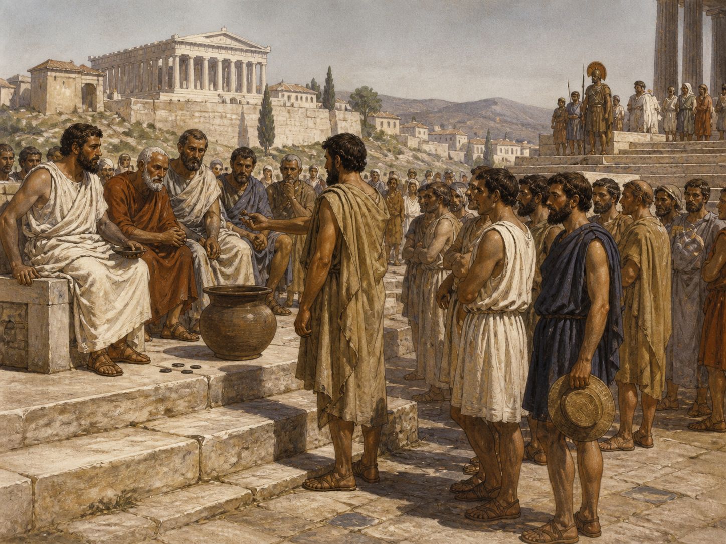 Historical reconstruction of Formation of Athenian Democracy's immediate aftermath: A durable institutional basis formed for citizen participation in the assembly and in offices assigned by lot.