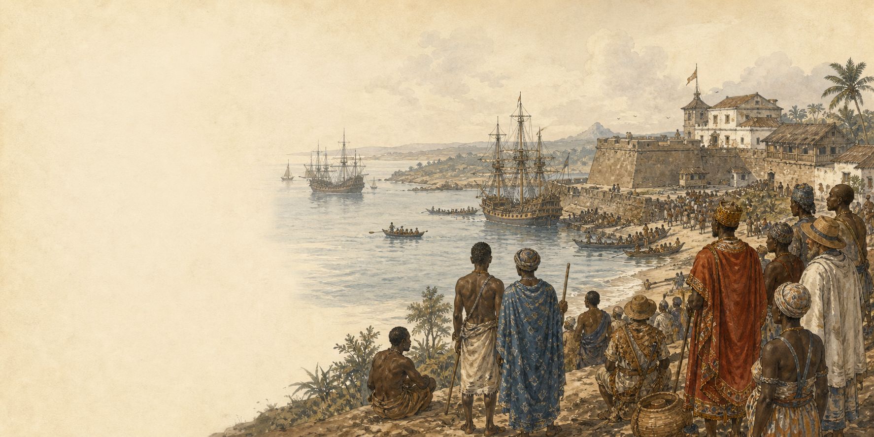 A historical reconstruction of One historical scene at West Africa, the Atlantic, and the Americas, showing the setting of Expansion of the Atlantic Slave Trade