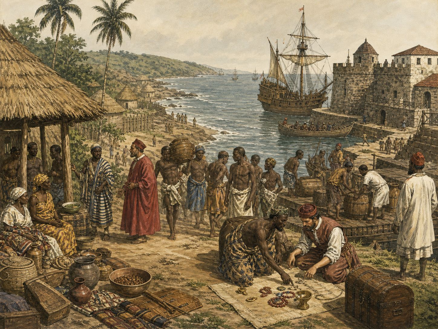Historical reconstruction of Expansion of the Atlantic Slave Trade's background: In and around West Africa, the Atlantic, and the Americas, the setting took shape as European colonial economies expanded the forced migration of Africans and tied it to plantation production of sugar and other commodities.