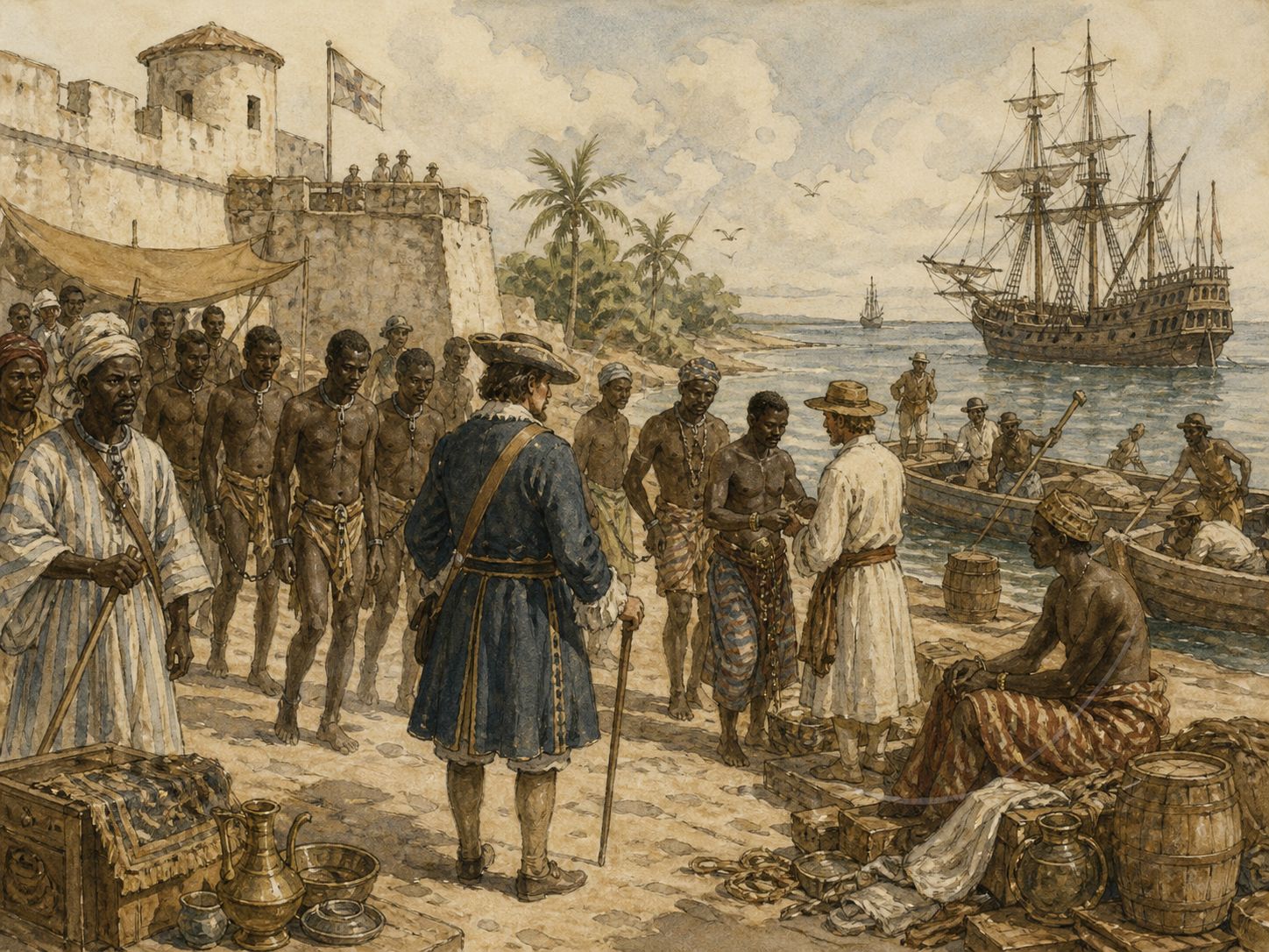 Historical reconstruction of Expansion of the Atlantic Slave Trade's central action: European colonial economies expanded the forced migration of Africans and tied it to plantation production of sugar and other commodities.