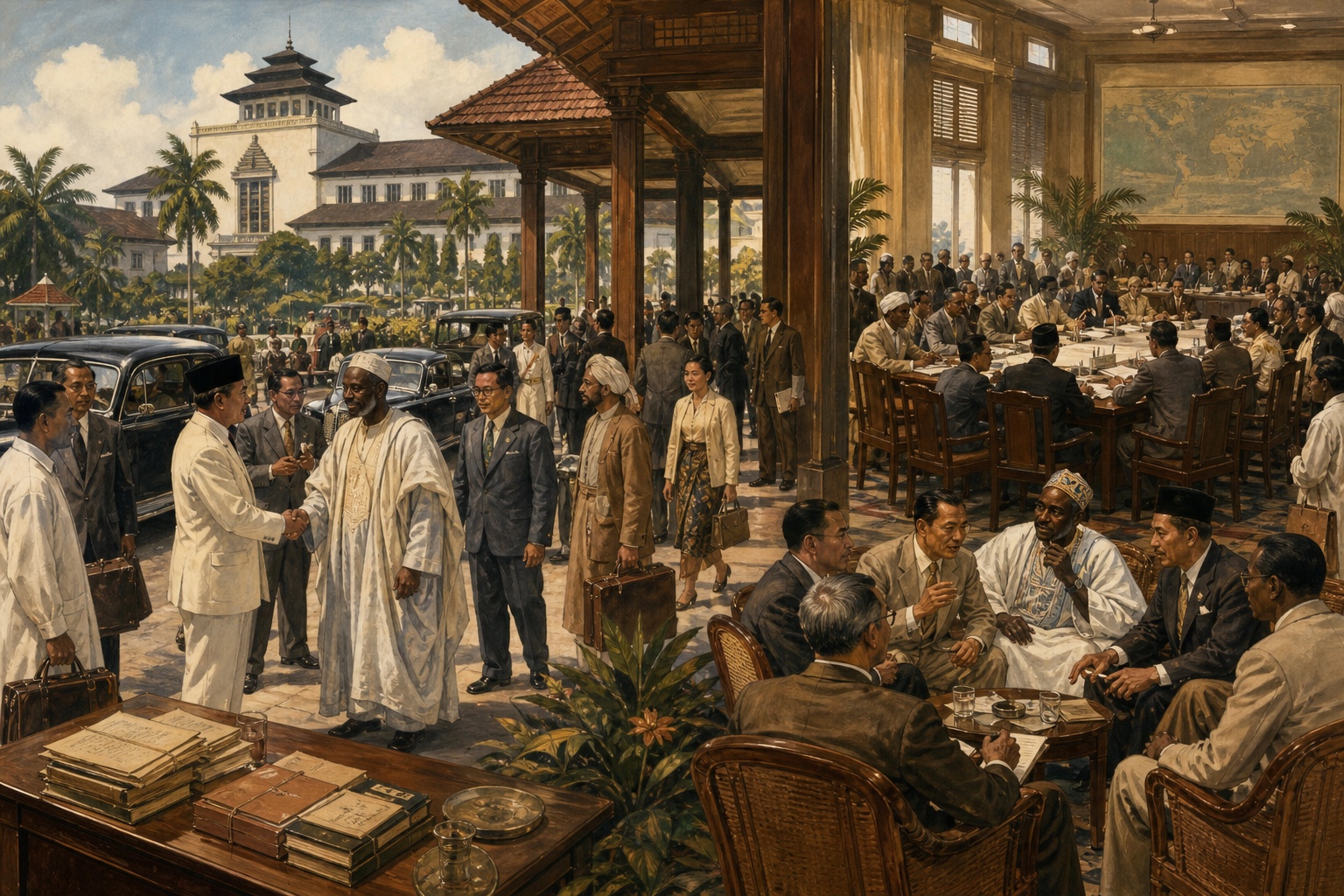 Illustrated reconstruction of Asian and African delegates conversing inside and outside Gedung Merdeka
