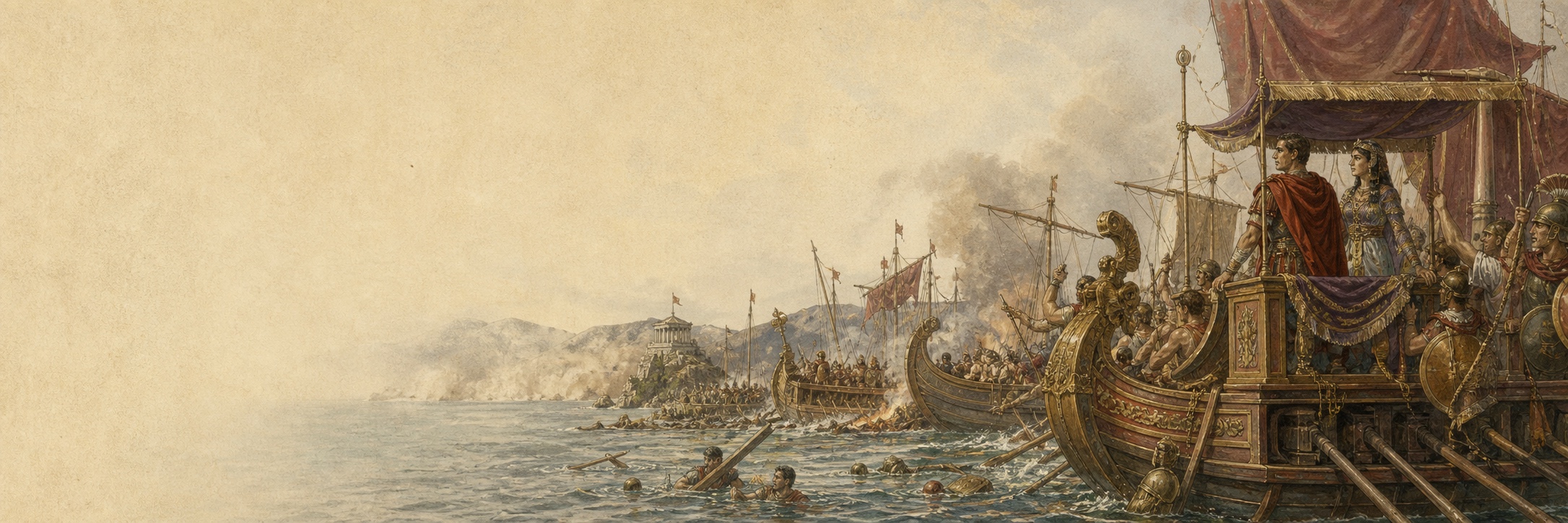 Illustrated reconstruction of oared Roman-era war galleys facing one another off Actium