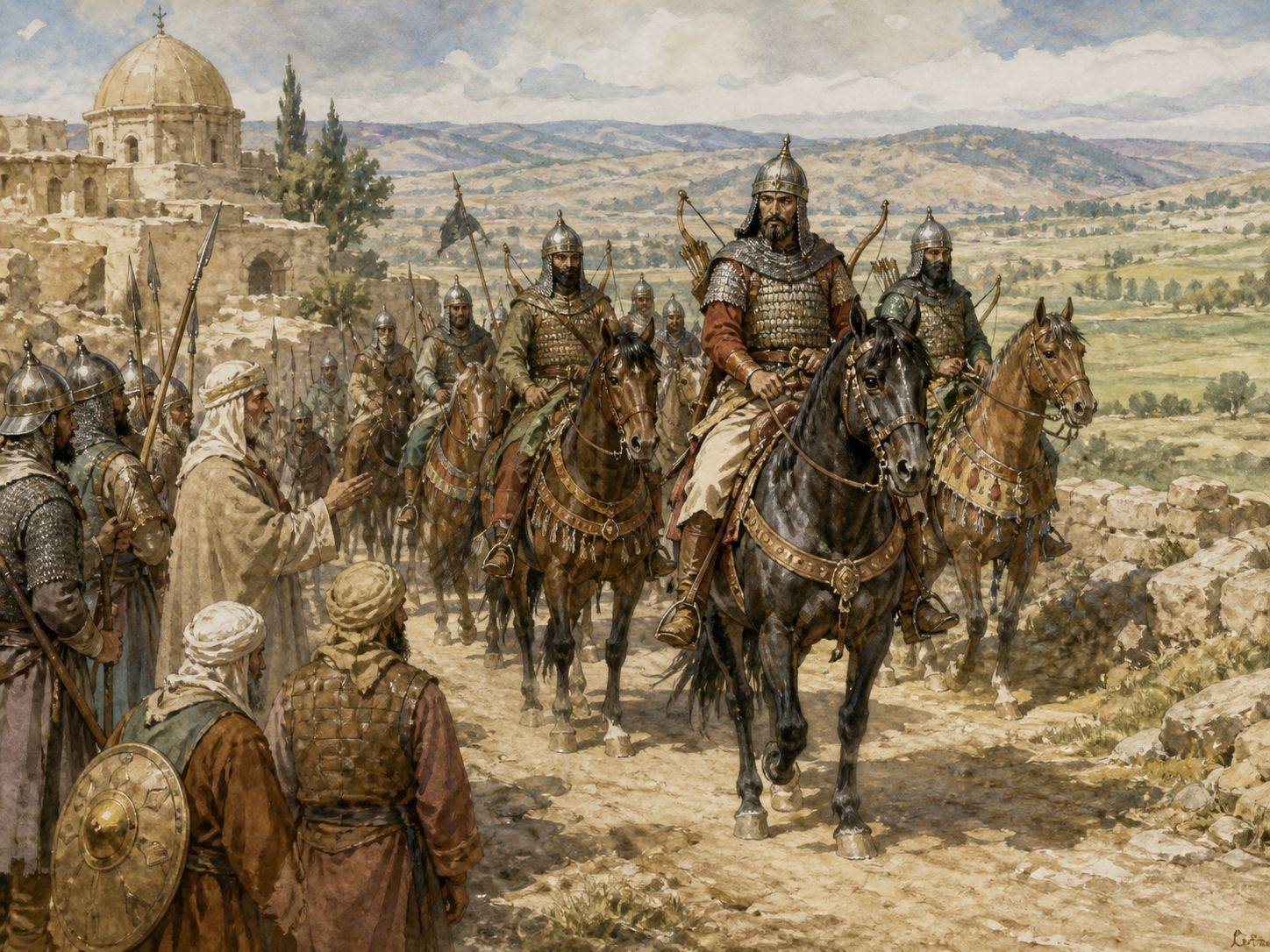 Historical reconstruction of Battle of Ain Jalut's central action: Mamluk forces defeated a Mongol army at Ain Jalut in Palestine and halted its advance toward Egypt.