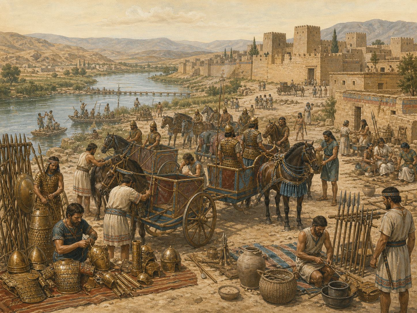 Historical reconstruction of Battle of Kadesh's background: In and around Kadesh (in present-day Syria), the setting took shape as The Egyptian army of Ramesses II and the Hittite army of Muwatalli II clashed around Kadesh in Syria.