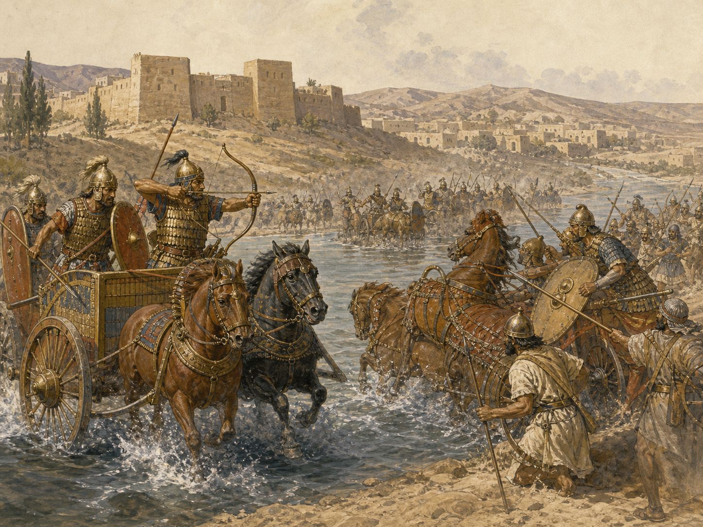 Historical reconstruction of Battle of Kadesh's central action: The Egyptian army of Ramesses II and the Hittite army of Muwatalli II clashed around Kadesh in Syria.