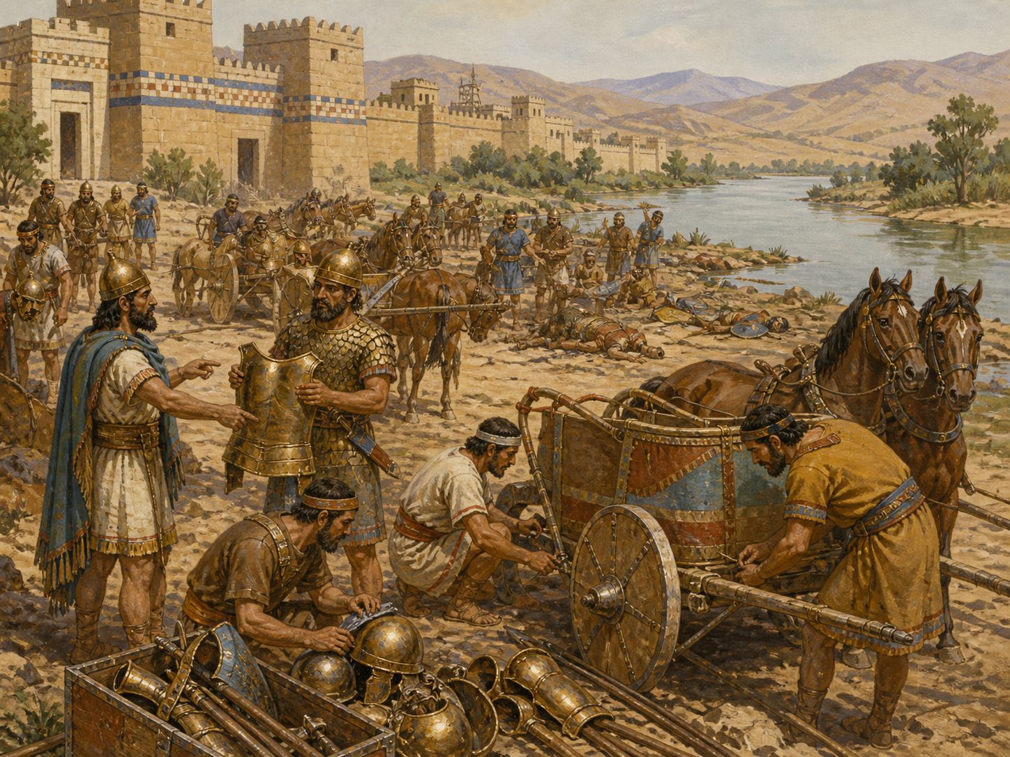 Historical reconstruction of Battle of Kadesh's immediate aftermath: After a large battle with no clear decisive victor, the two powers concluded one of the earliest surviving international peace treaties.