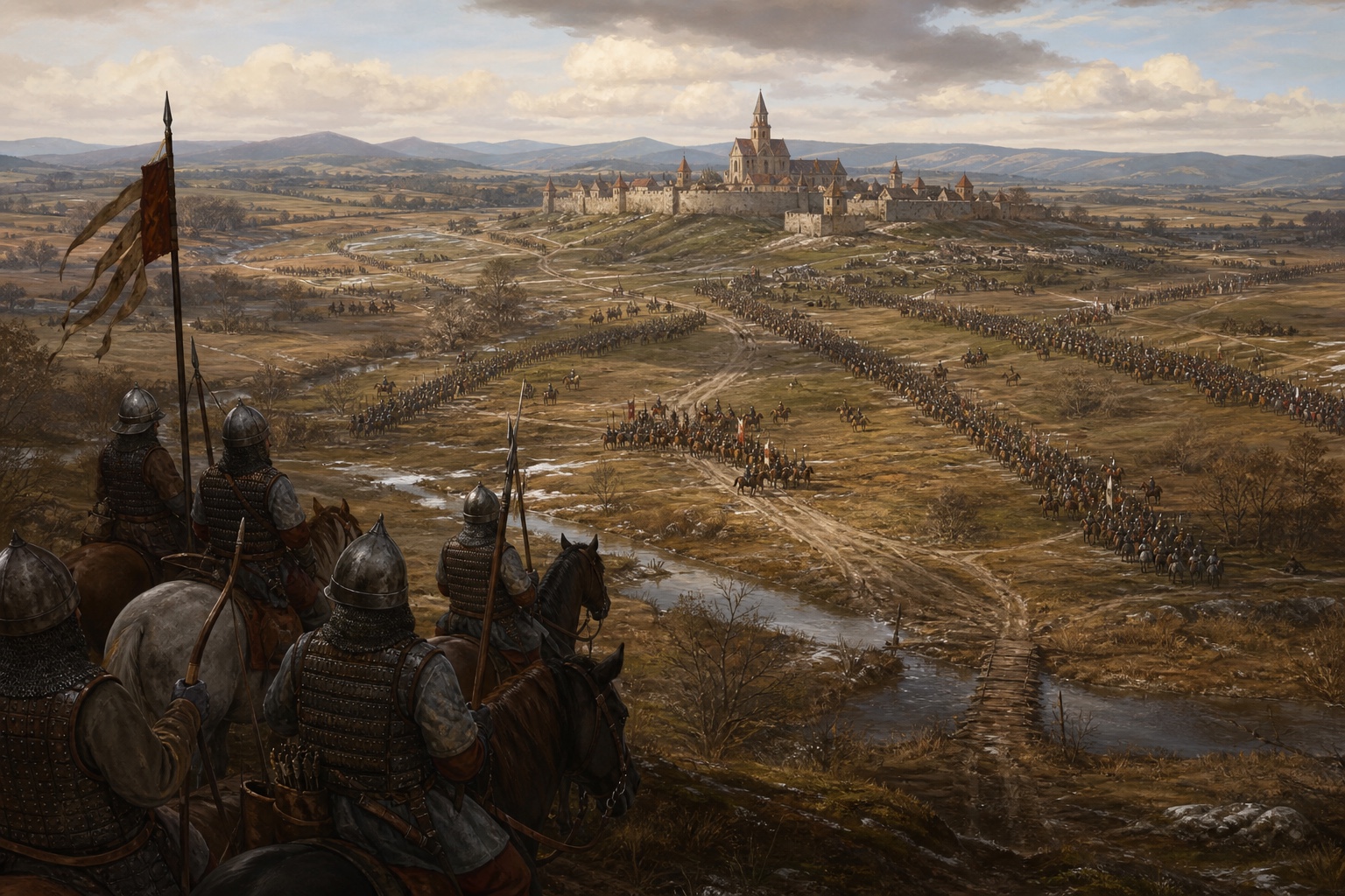 Illustrated reconstruction of Mongol horse archers and European forces maneuvering across a smoky plain