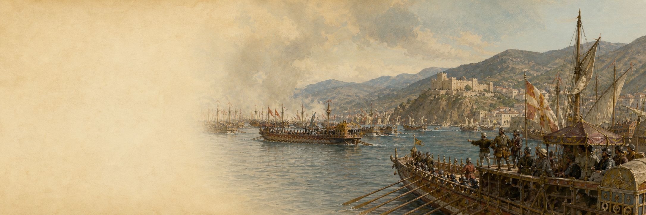 Reconstruction of Holy League and Ottoman galleys engaging in the Gulf of Patras in 1571