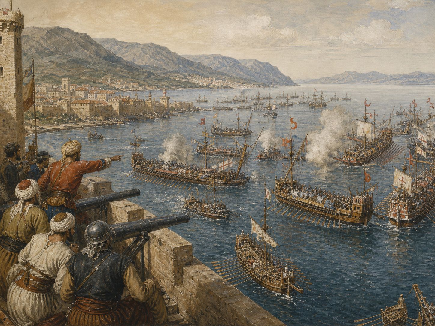 Historical reconstruction of Battle of Lepanto's central action: The League fleet assembled at Messina and sailed east.