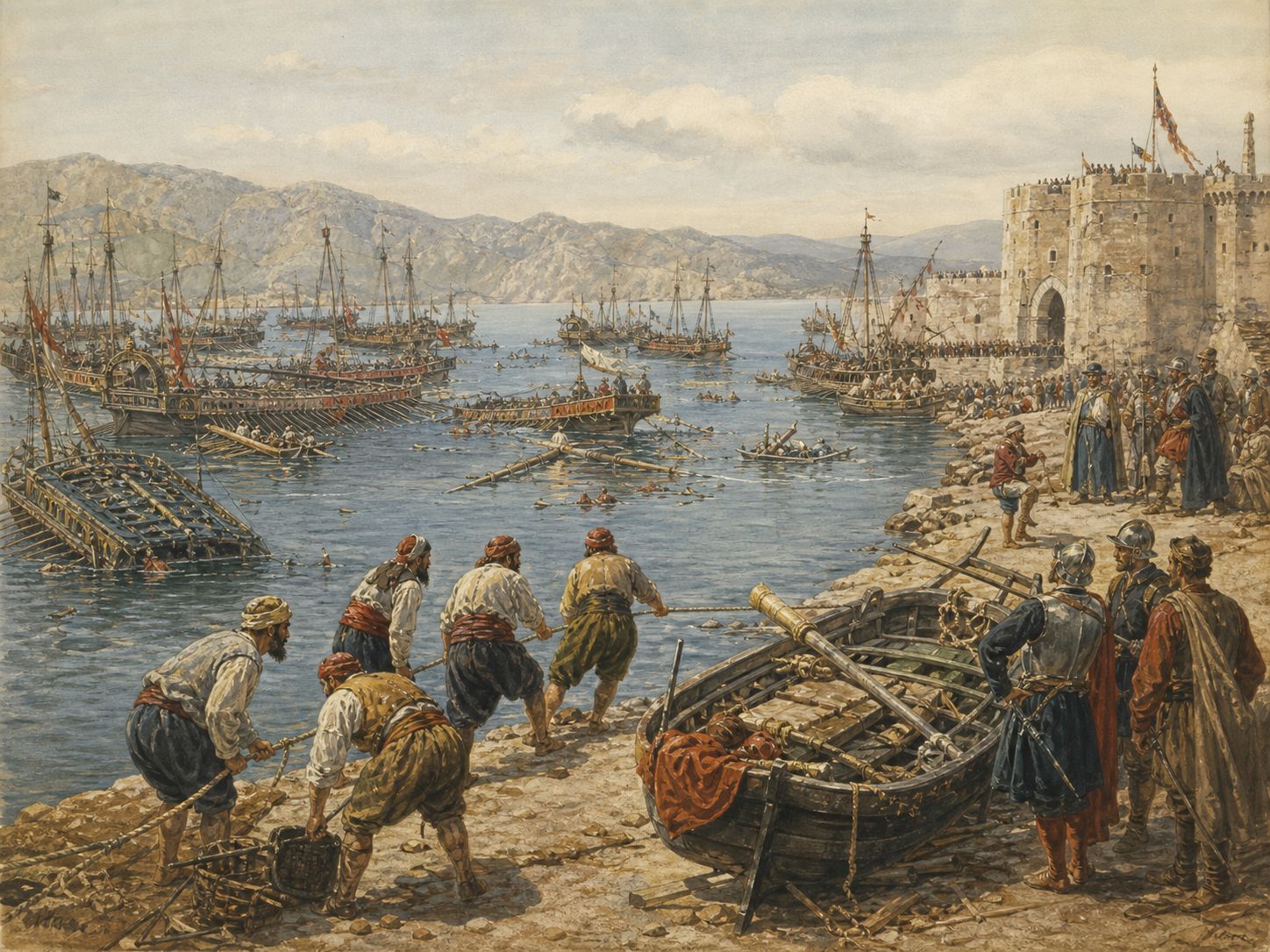 Historical reconstruction of Battle of Lepanto's immediate aftermath: The Holy League won a major victory and the Ottoman fleet lost many vessels.