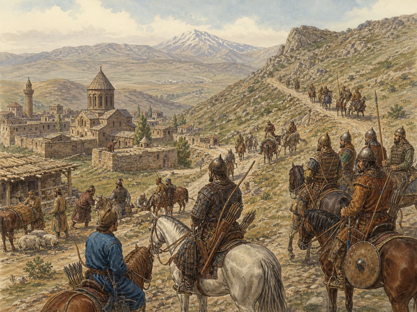 Historical reconstruction of Battle of Manzikert's background: In and around Manzikert (present-day Turkey), the setting took shape as The Seljuk sultan Alp Arslan defeated the army of Byzantine emperor Romanos IV and captured the emperor.