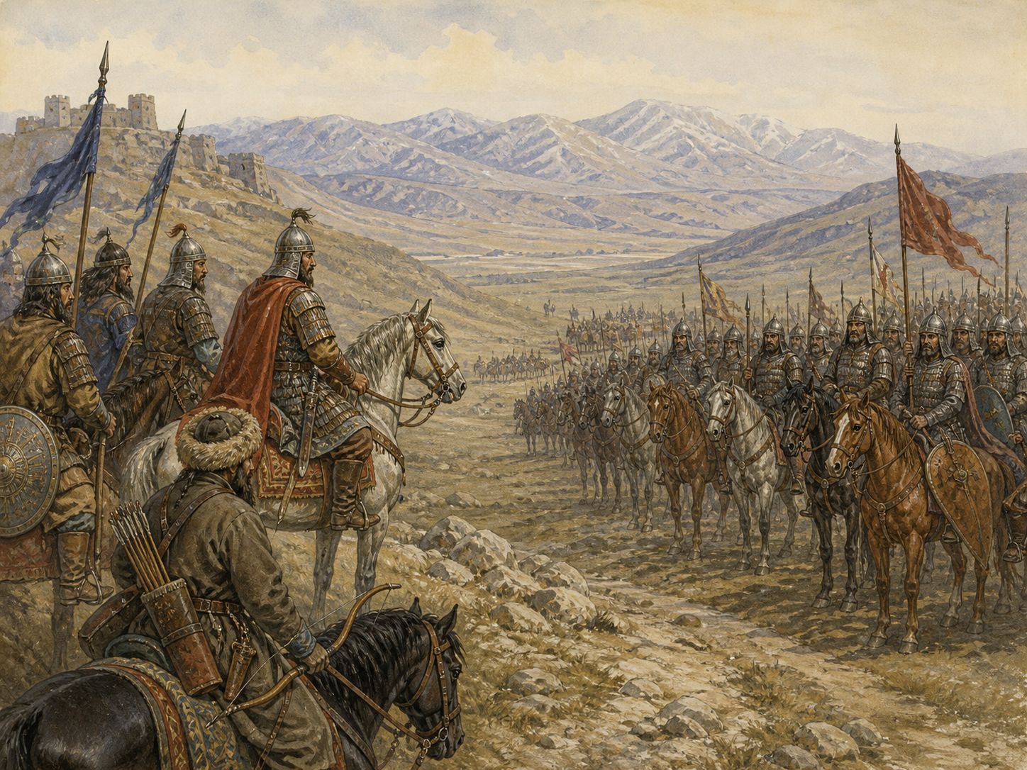 Historical reconstruction of Battle of Manzikert's central action: The Seljuk sultan Alp Arslan defeated the army of Byzantine emperor Romanos IV and captured the emperor.