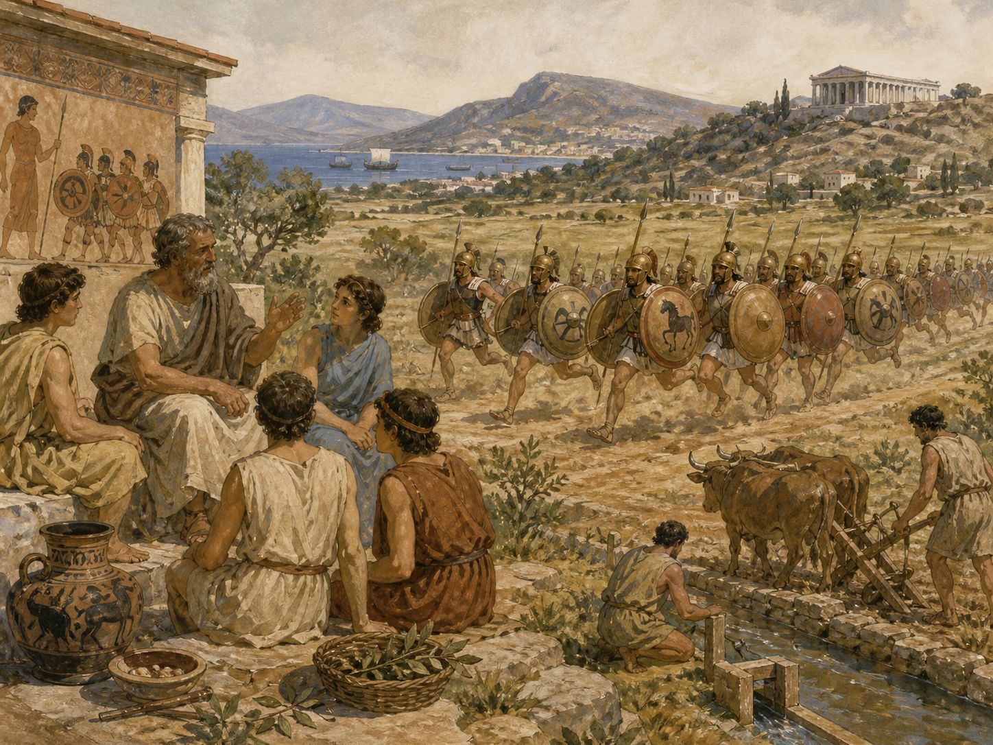 Historical reconstruction of Battle of Marathon's background: In and around the plain of Marathon, the setting took shape as A Greek force led by Athens defeated the Persian army of Darius I at Marathon on the eastern coast of Attica.