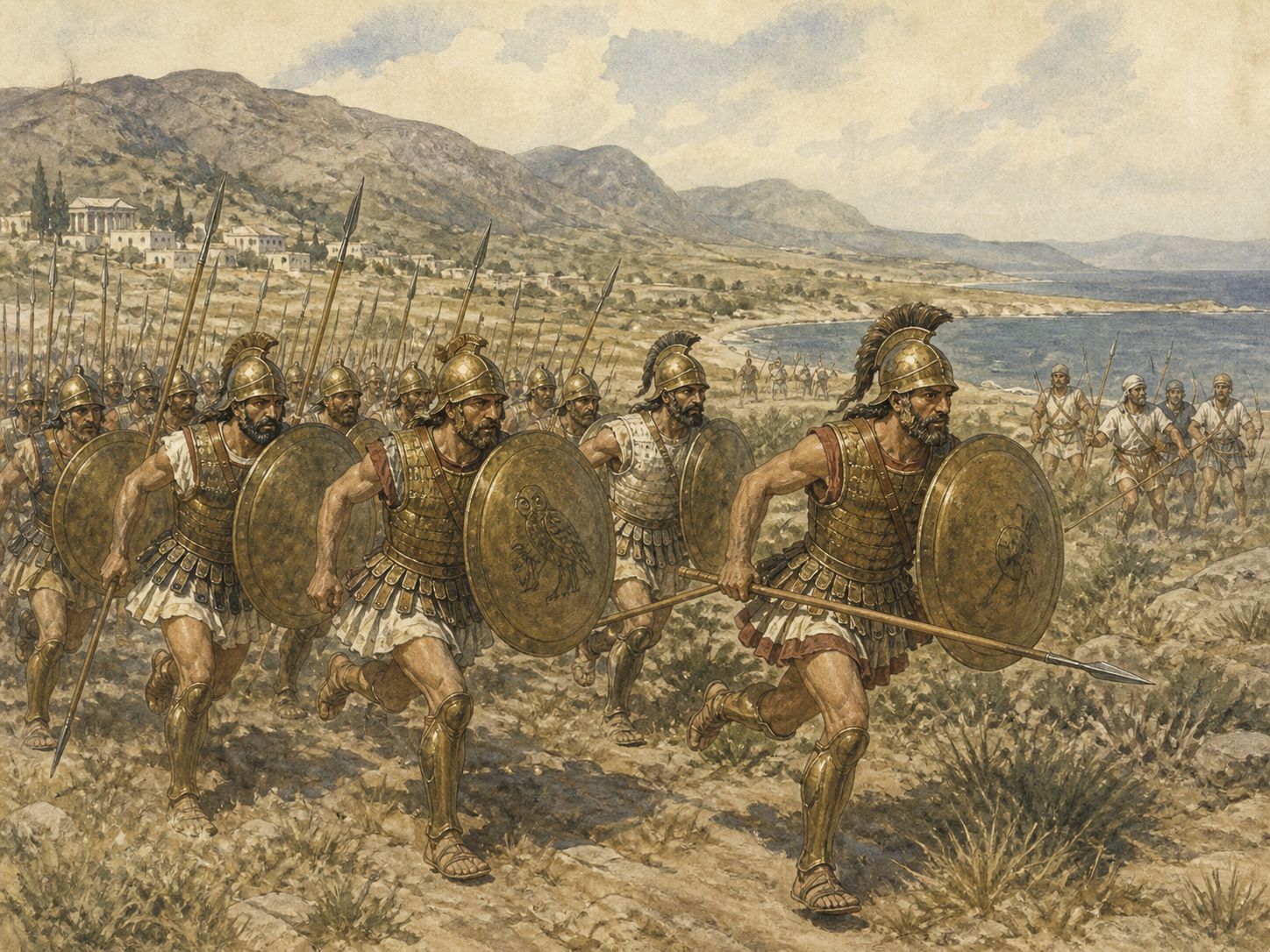 Historical reconstruction of Battle of Marathon's central action: A Greek force led by Athens defeated the Persian army of Darius I at Marathon on the eastern coast of Attica.