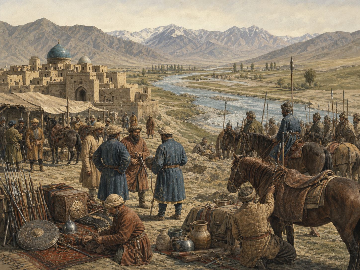 Historical reconstruction of Battle of Talas's background: Tang China and western Islamic powers competed and formed alliances around Silk Road cities and steppe powers.