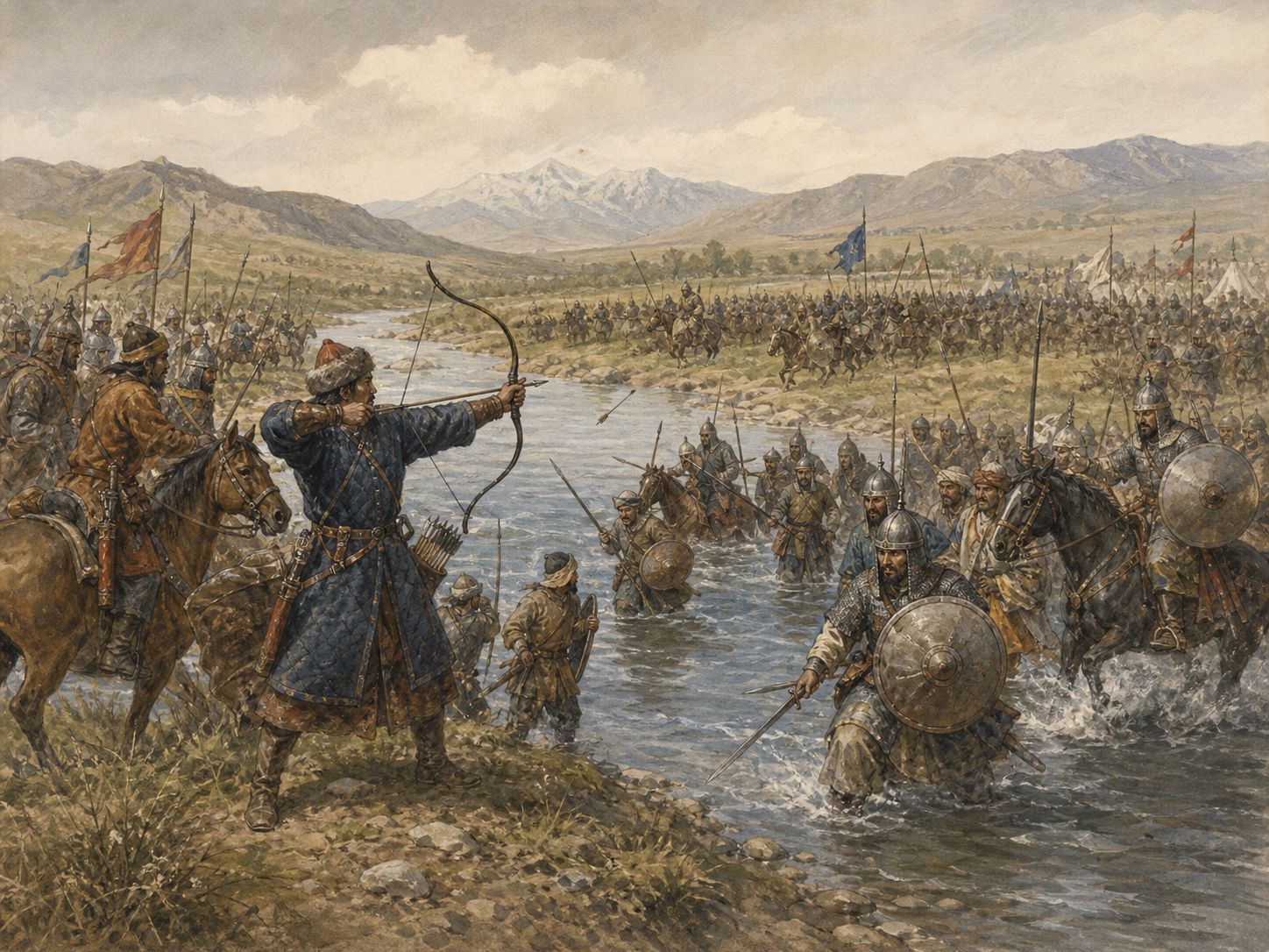 Historical reconstruction of Battle of Talas's central action: Tang forces under Gao Xianzhi faced Abbasid-aligned troops for several days, with Karluk defection traditionally said to have affected the outcome.