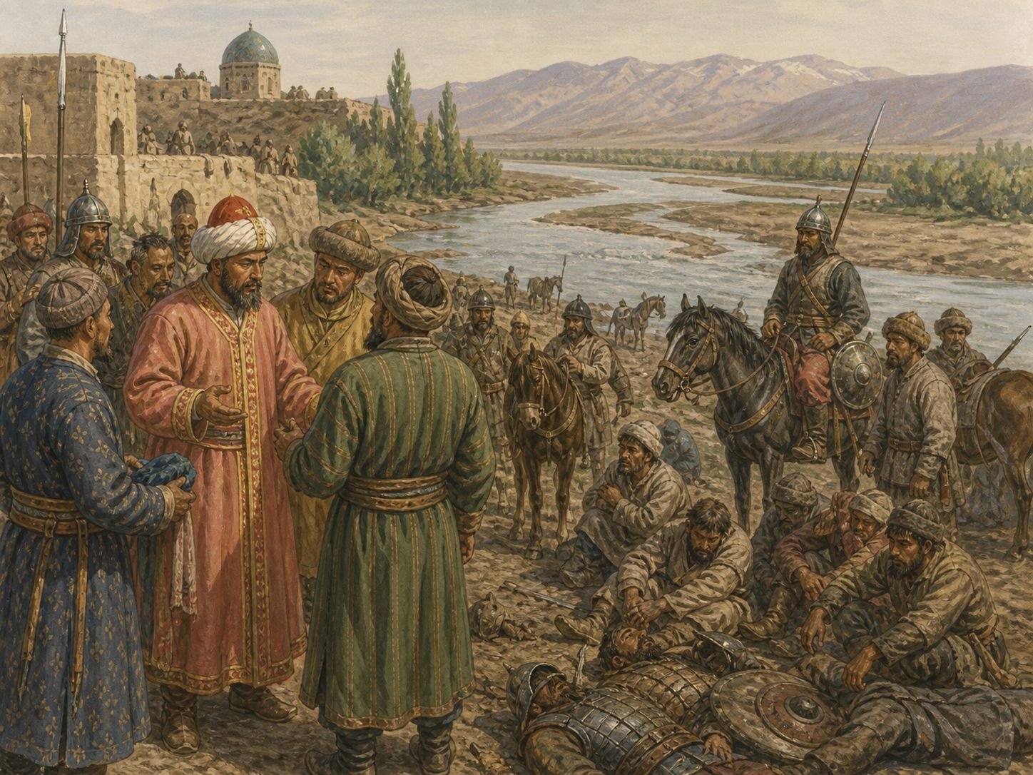 Historical reconstruction of Battle of Talas's immediate aftermath: Tang military activity in the west receded as Islamic and Central Asian powers gained influence; the story of papermaking transmission includes later tradition.