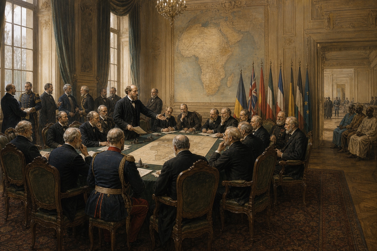 Illustrated reconstruction of late-nineteenth-century European diplomats gathered around a map of Africa