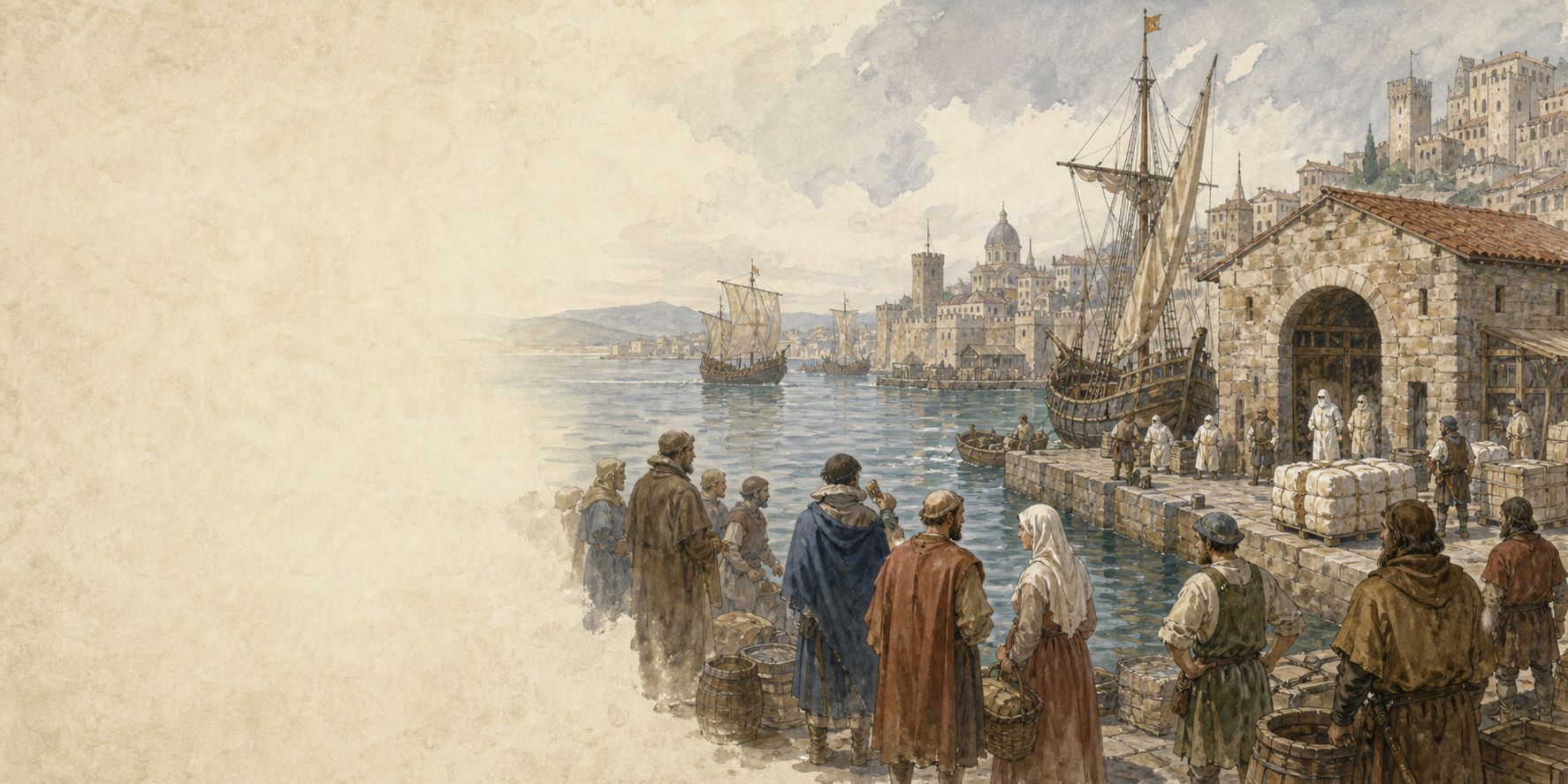 A historical reconstruction of cities, technology, and culture at Mediterranean ports and Europe, showing the setting of Arrival of the Black Death in Europe