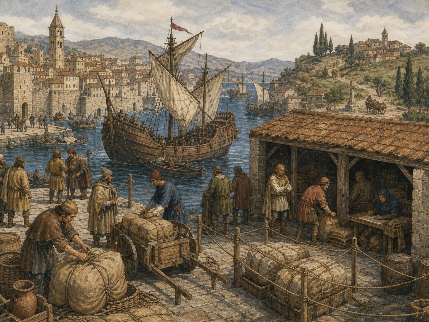 Historical reconstruction of Arrival of the Black Death in Europe's background: In and around Mediterranean ports and Europe, the setting took shape as Plague spread into Europe through trade routes and ports, profoundly affecting population, labor, markets, and religious life.
