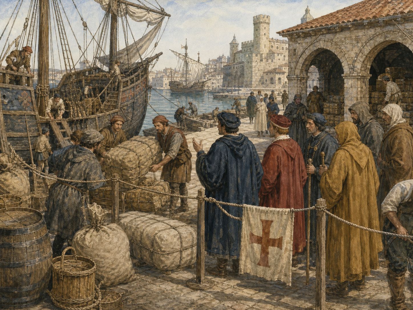 Historical reconstruction of Arrival of the Black Death in Europe's central action: Plague spread into Europe through trade routes and ports, profoundly affecting population, labor, markets, and religious life.