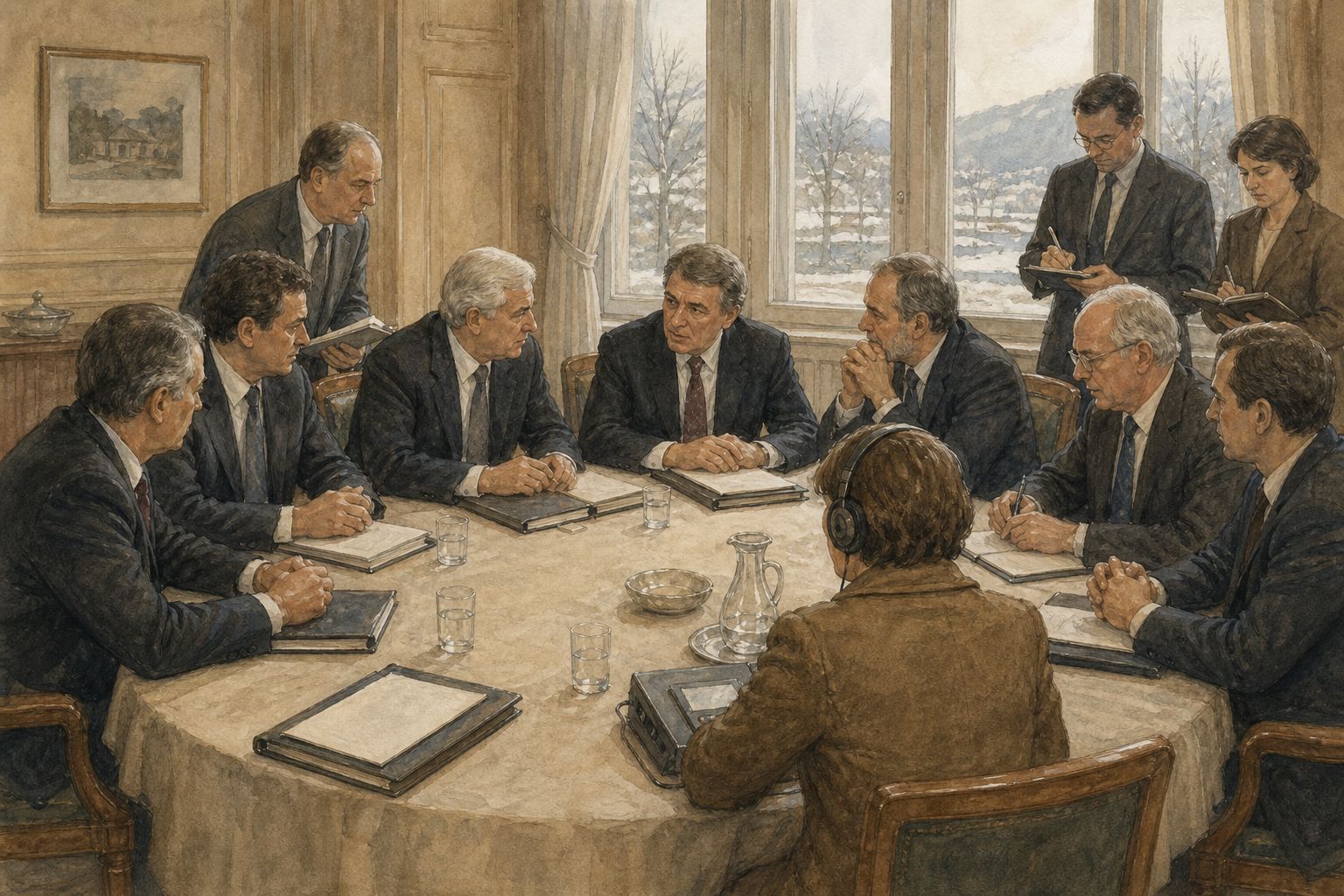 Delegates and aides confer around blank documents in a winter conference room overlooking Bosnia while an interpreter listens