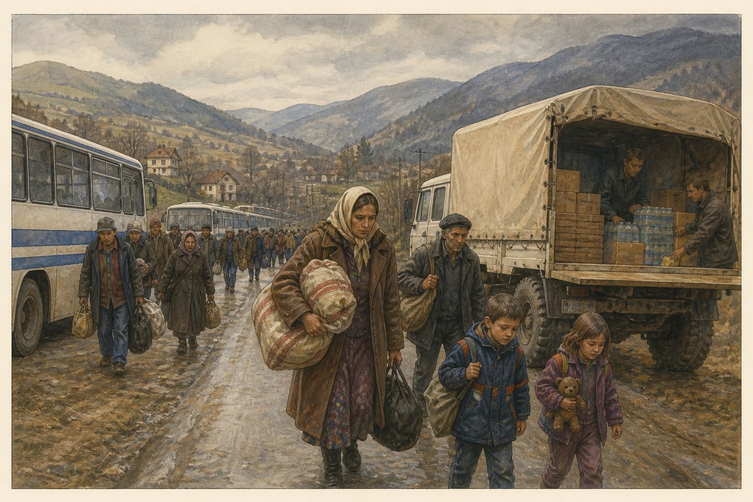 Displaced families walk with luggage along a mountain road while buses and a relief truck wait nearby