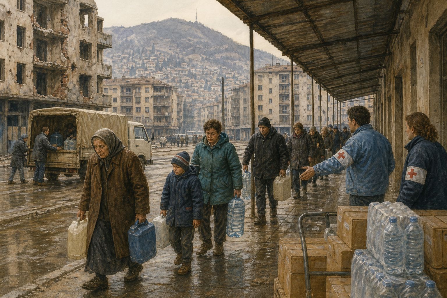 Residents carry water containers through a damaged Sarajevo street while Red Cross aid workers guide them
