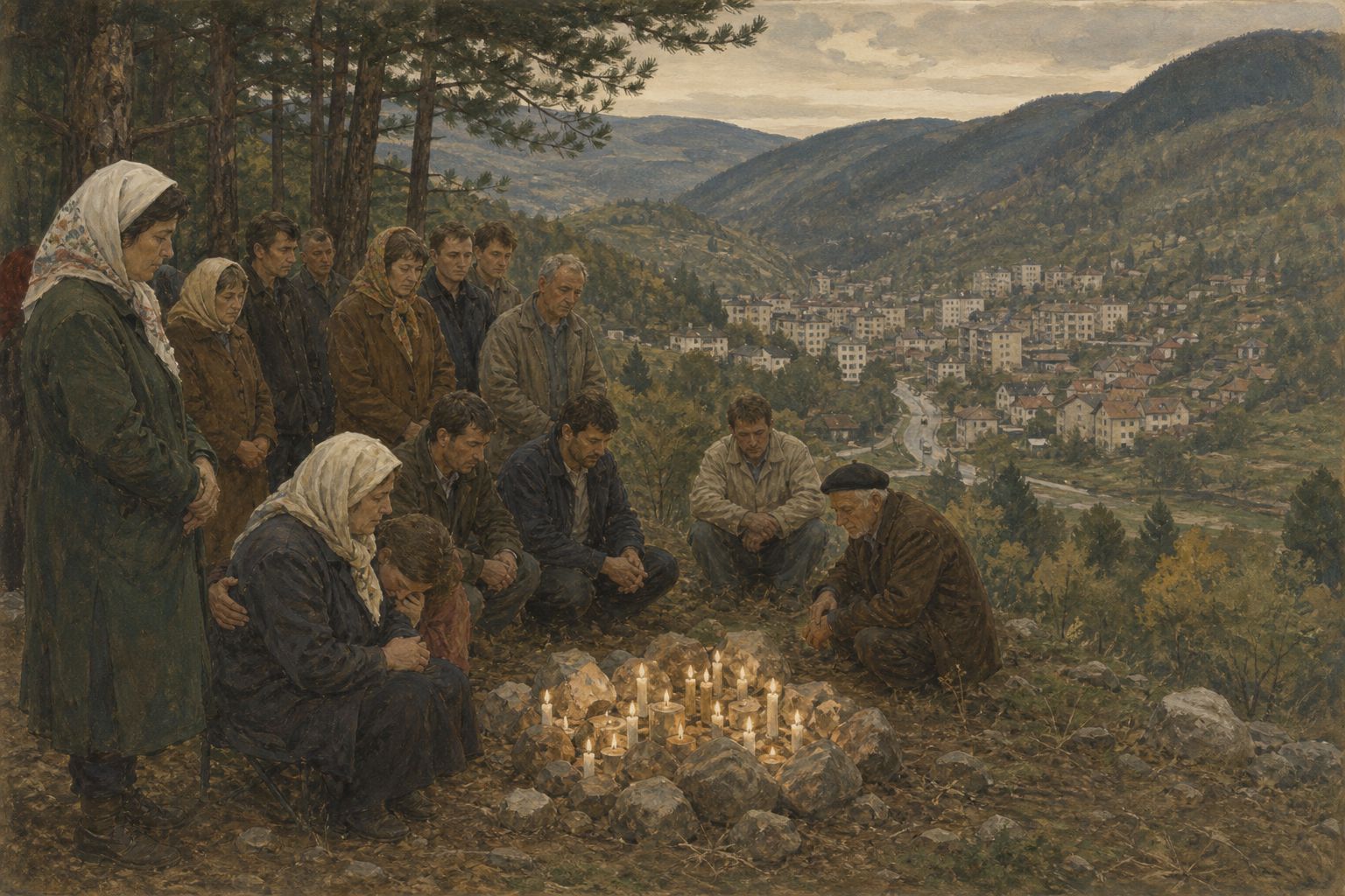People gather around candles and plain stones on a wooded hillside overlooking Srebrenica