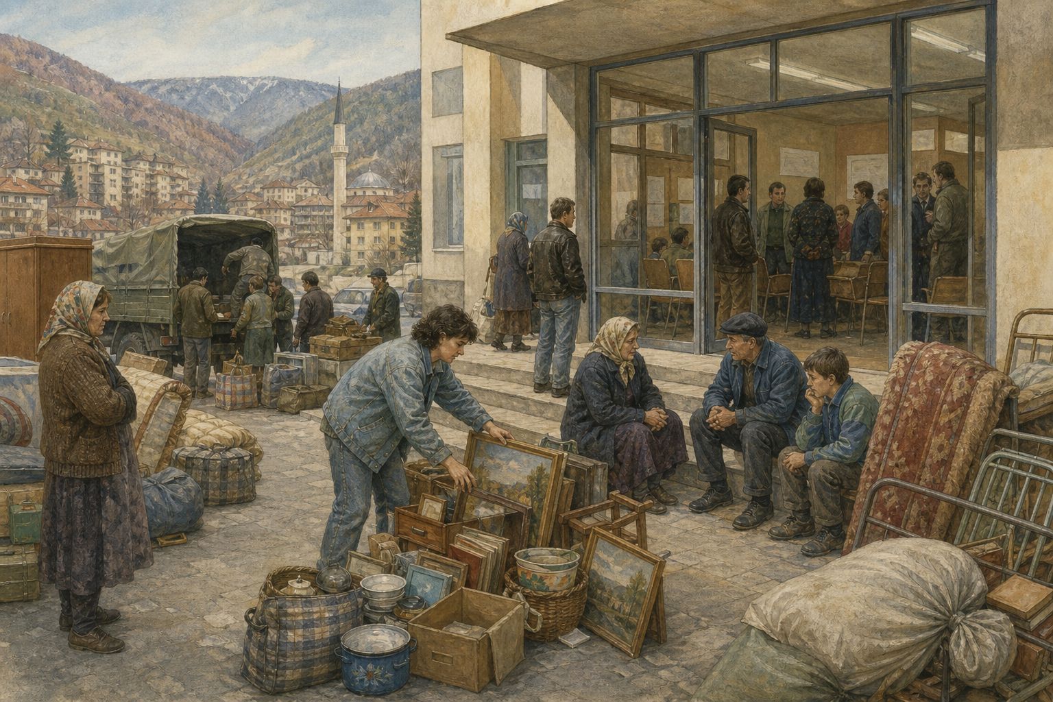 Residents meet in a mountain-ringed Bosnian civic hall while furniture and household goods are sorted outside