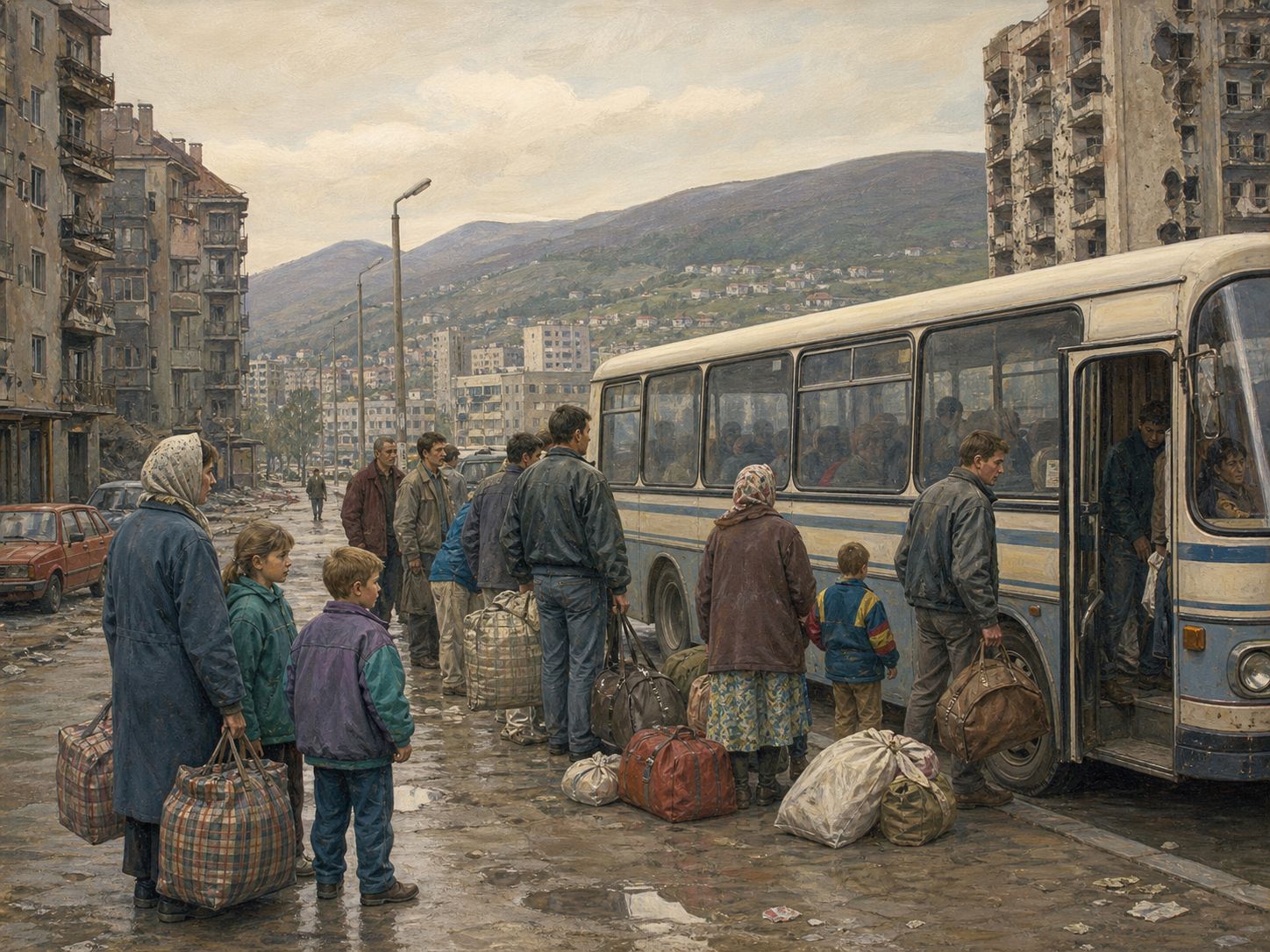 Families in 1990s clothing wait with luggage for a bus outside damaged apartment blocks