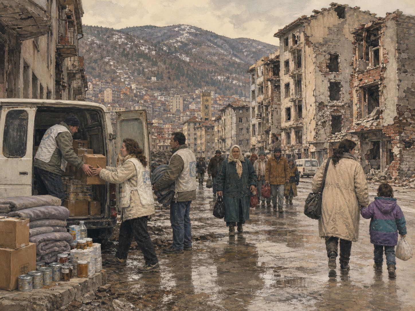 Aid workers carry boxes and water while residents receive supplies on a damaged Sarajevo street