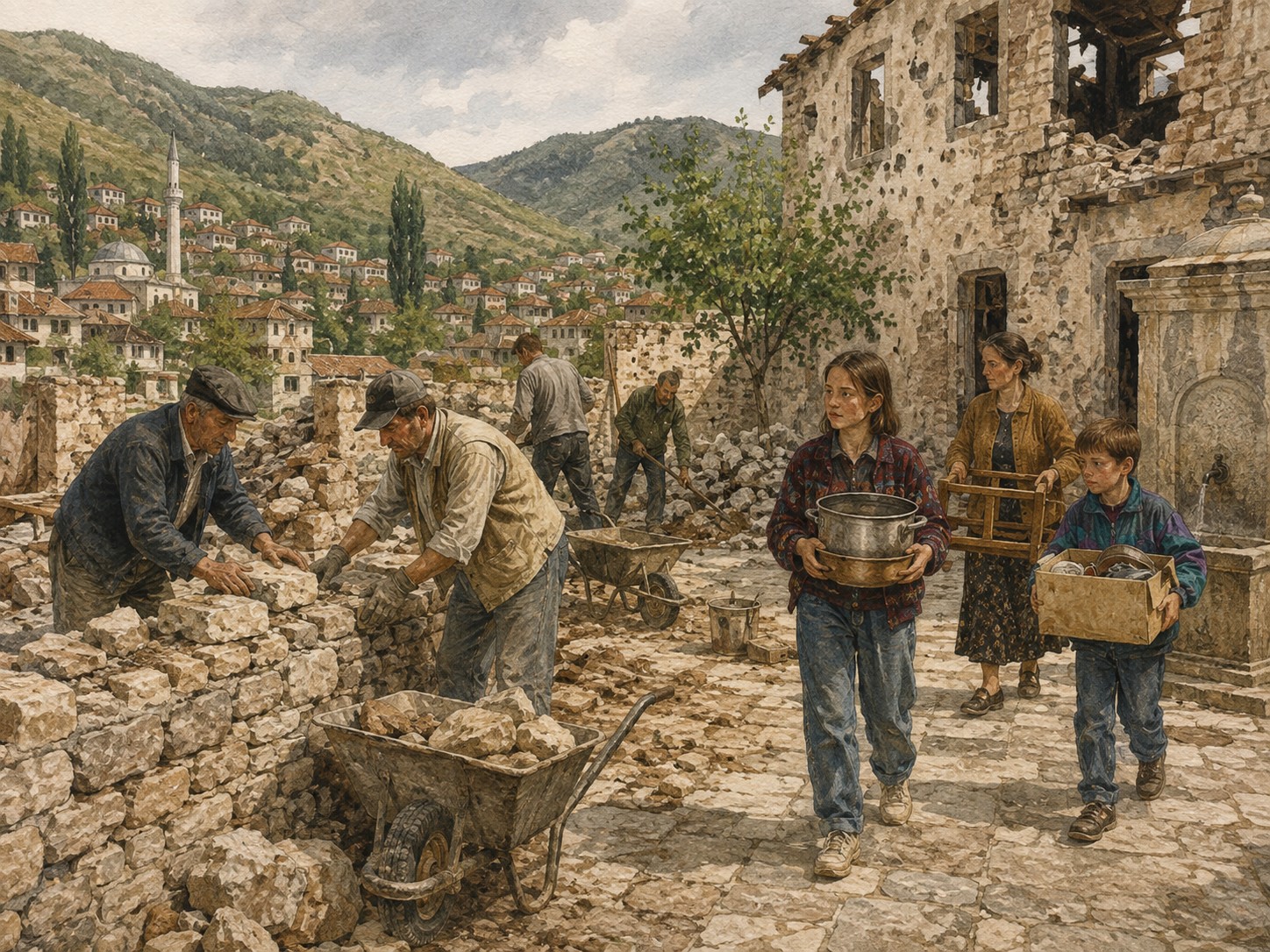 Residents repair a stone courtyard among green hills while children carry household objects through the postwar town