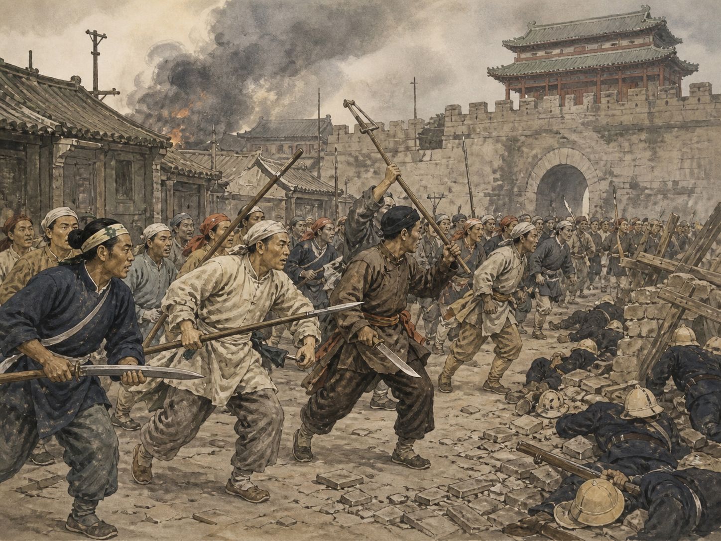 Historical reconstruction of Boxer Rebellion's central action: Boxer groups attacked churches and foreigners, and parts of the Qing state moved toward them as foreign legations in Beijing were besieged.