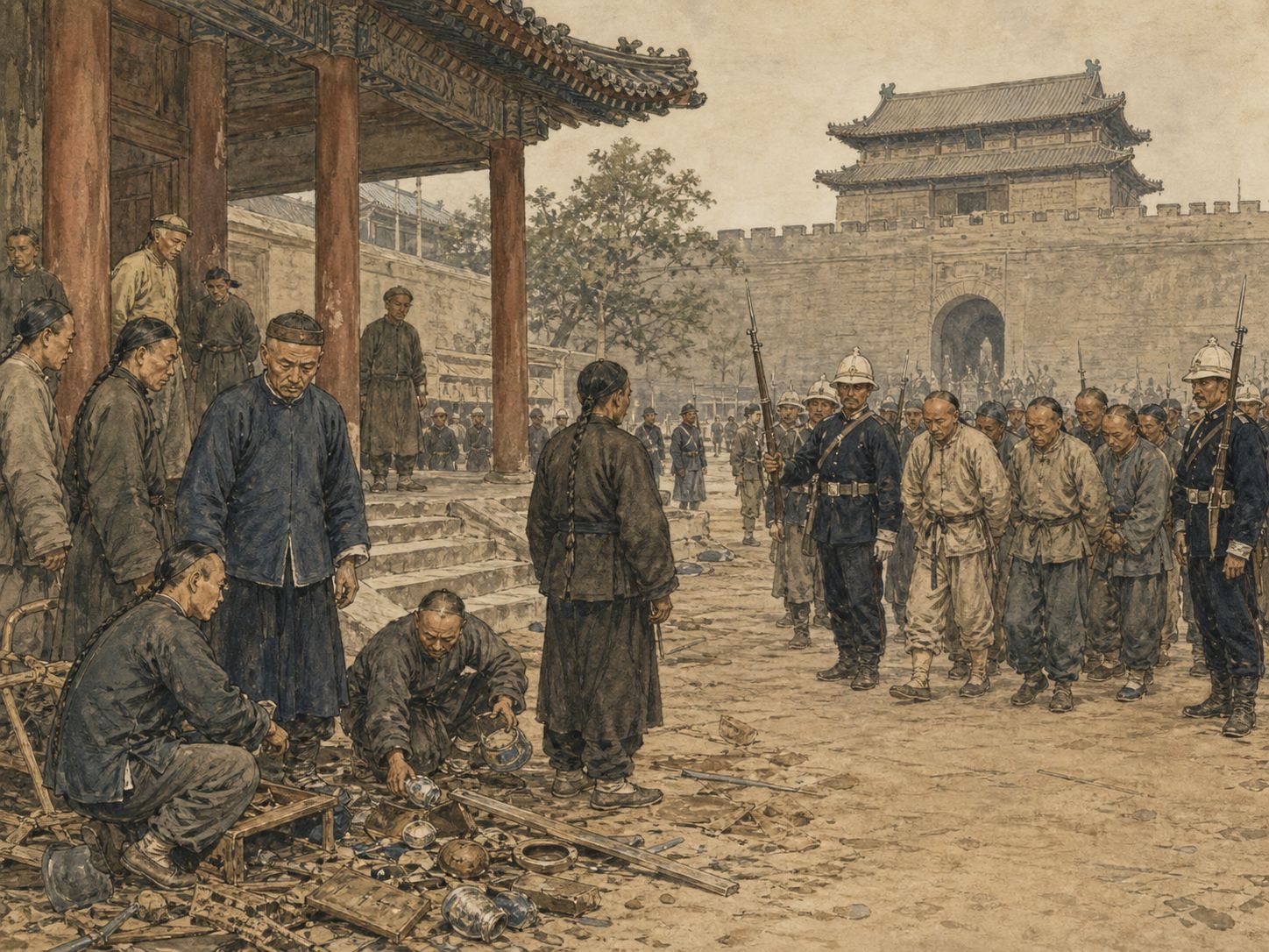 Historical reconstruction of Boxer Rebellion's immediate aftermath: An eight-power expedition occupied Beijing, and the Qing accepted indemnities and military restrictions under the Boxer Protocol.