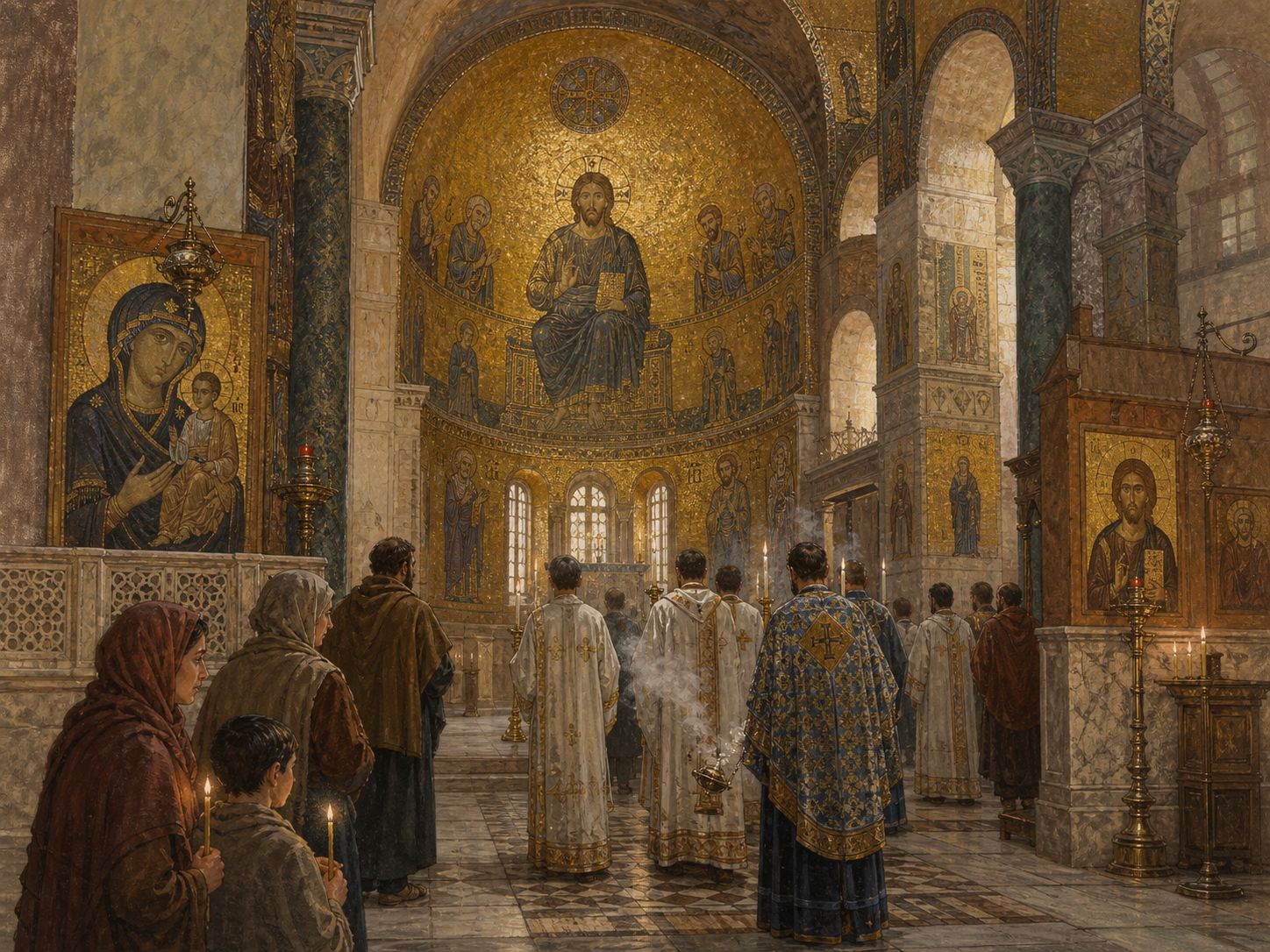 Byzantine worshippers praying before mosaics and icons