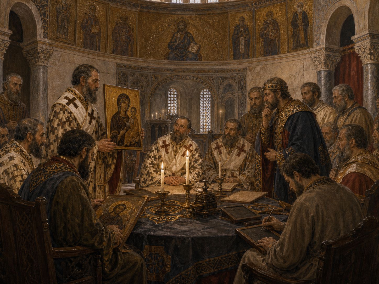Clergy and officials examining sacred images in council