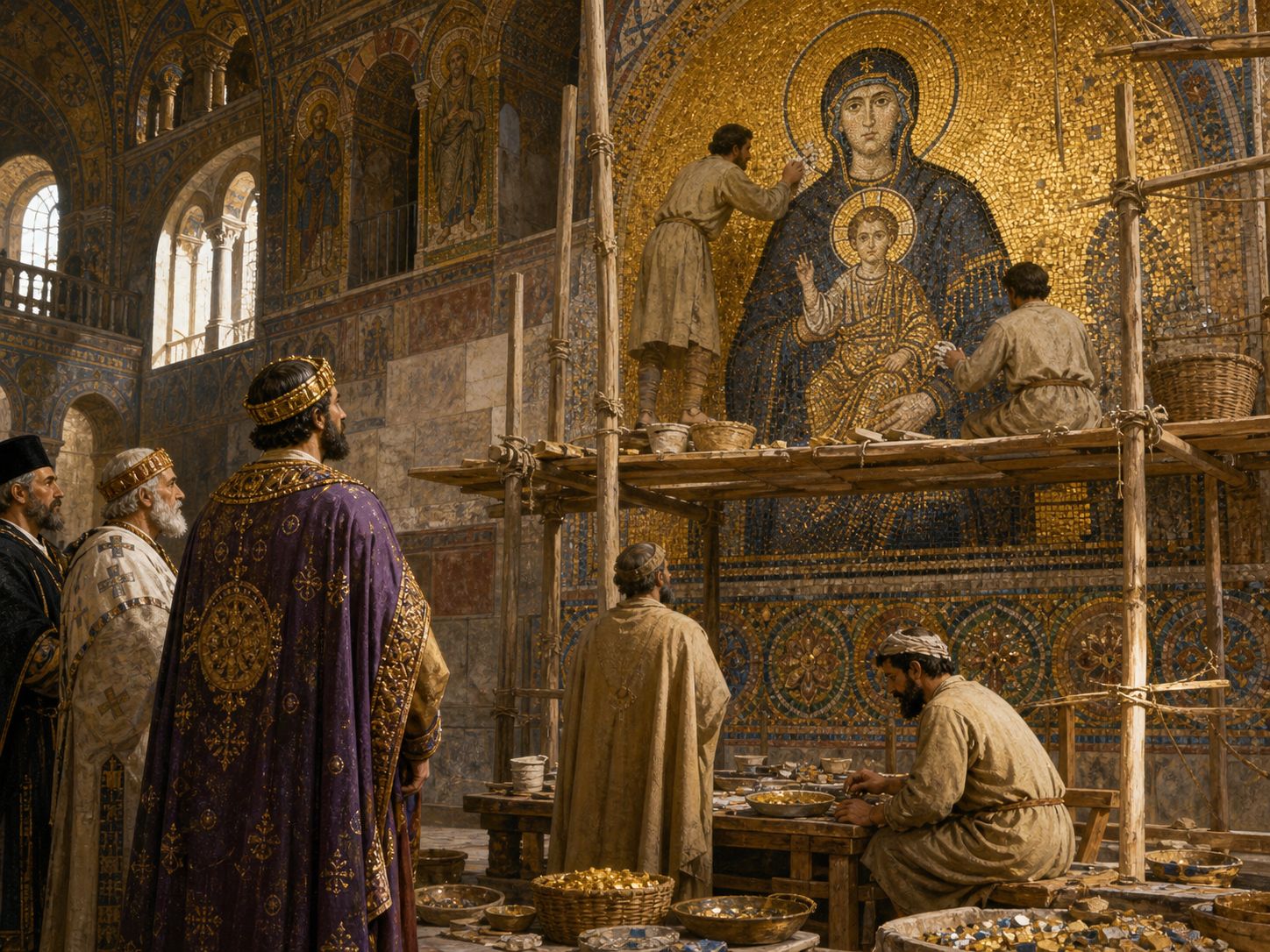 People returning to a church with candles and restored icons