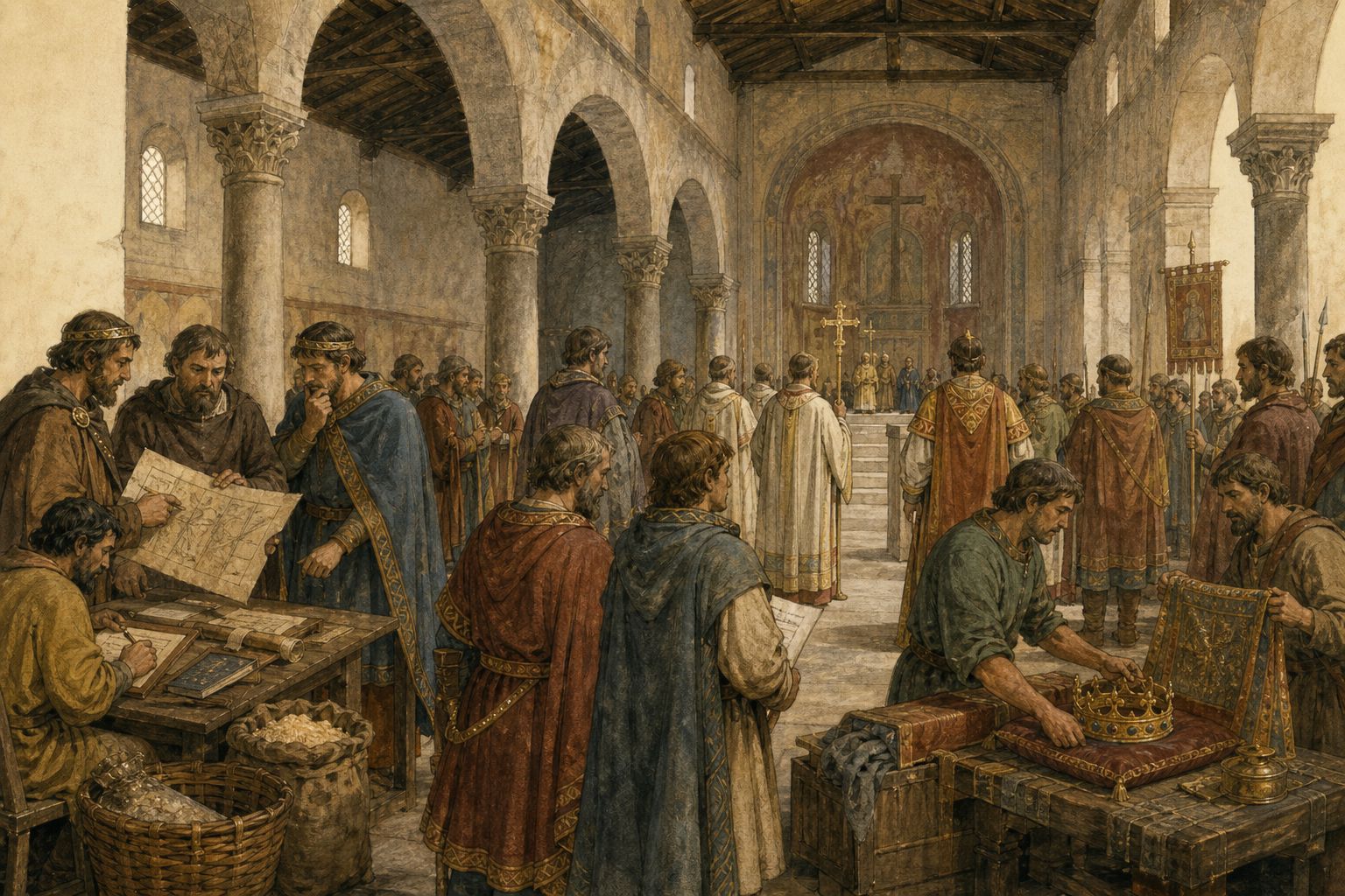 Historical reconstruction of “Pope Leo III seeks Frankish protection” in Imperial Coronation of Charlemagne