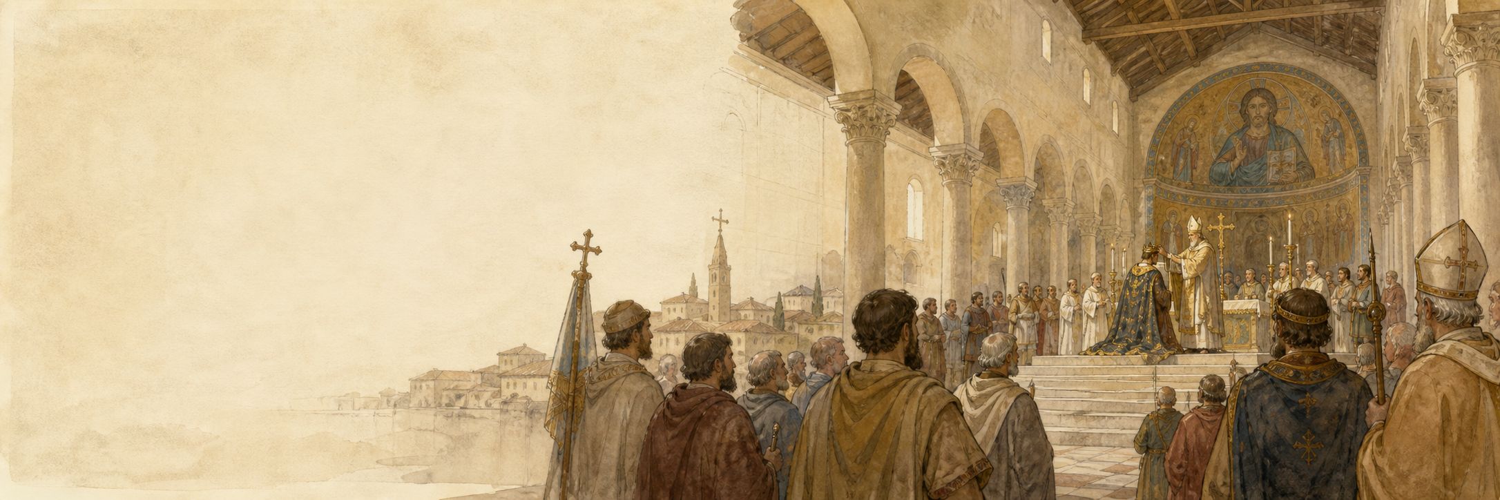 A historical reconstruction of rulers, administration, and society at St. Peter’s Basilica in Rome, showing the setting of Imperial Coronation of Charlemagne