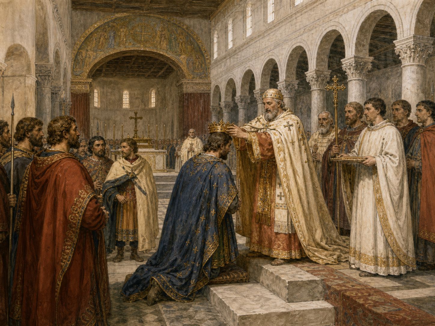 Historical reconstruction of Imperial Coronation of Charlemagne's central action: In 800, Pope Leo III crowned the Frankish king Charlemagne, dramatizing the relationship between western kingship and the Roman Church.